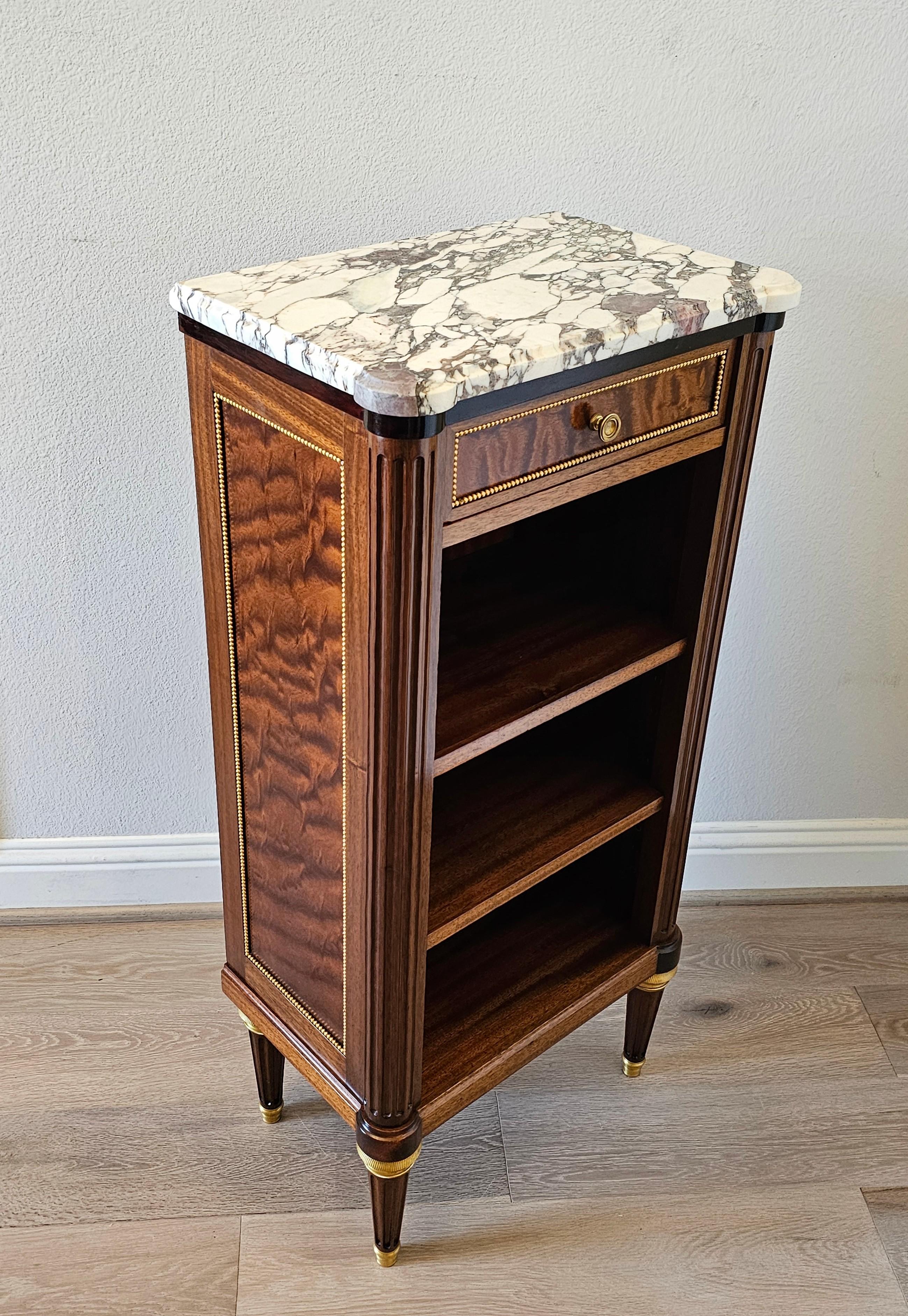 Hand-Crafted French Louis XVI Style Mahogany Pommele Sapele Open Bookcase Side Cabinet signed
