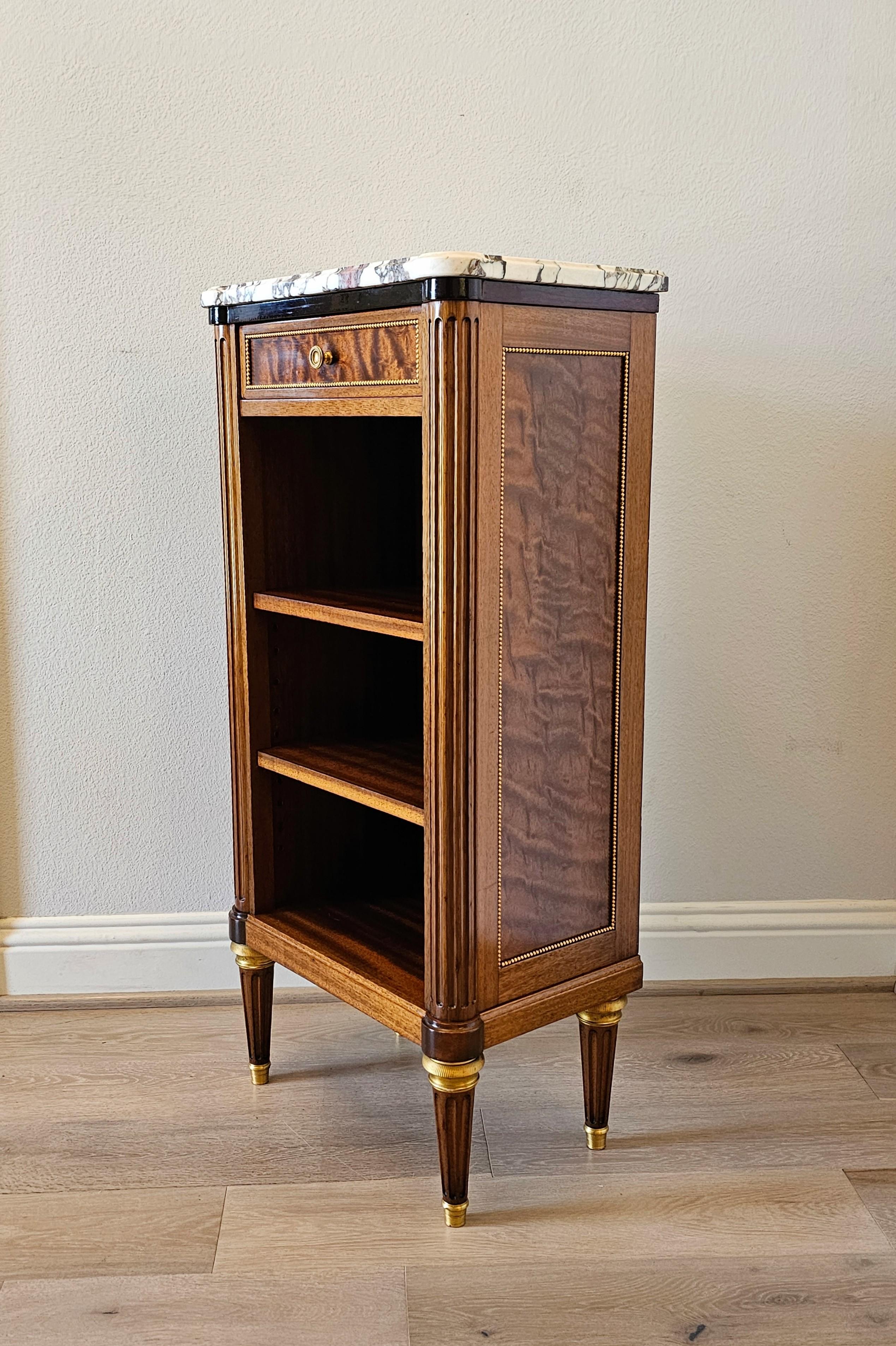 French Louis XVI Style Mahogany Pommele Sapele Open Bookcase Side Cabinet signed In Good Condition In Forney, TX
