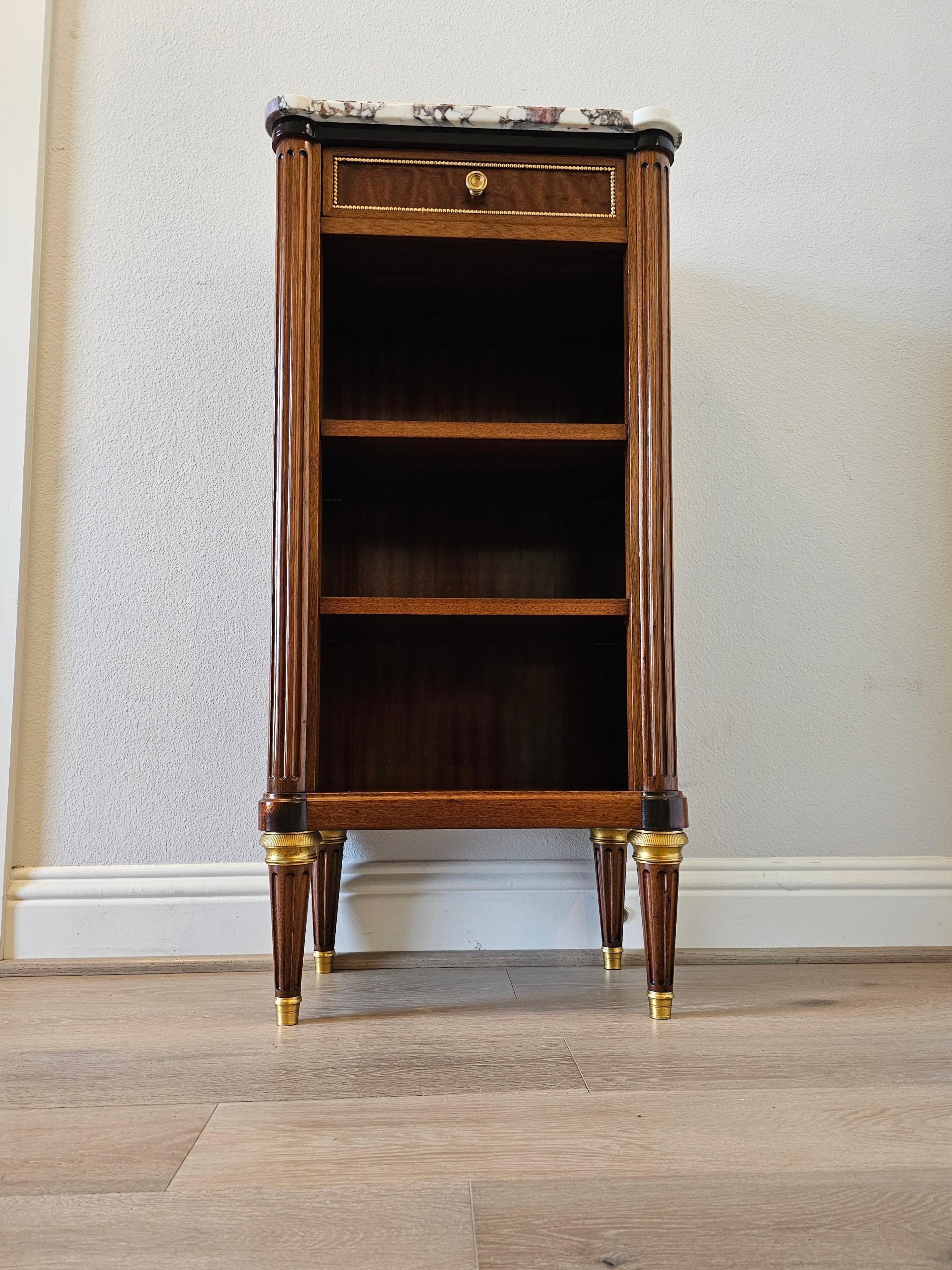 20th Century French Louis XVI Style Mahogany Pommele Sapele Open Bookcase Side Cabinet signed