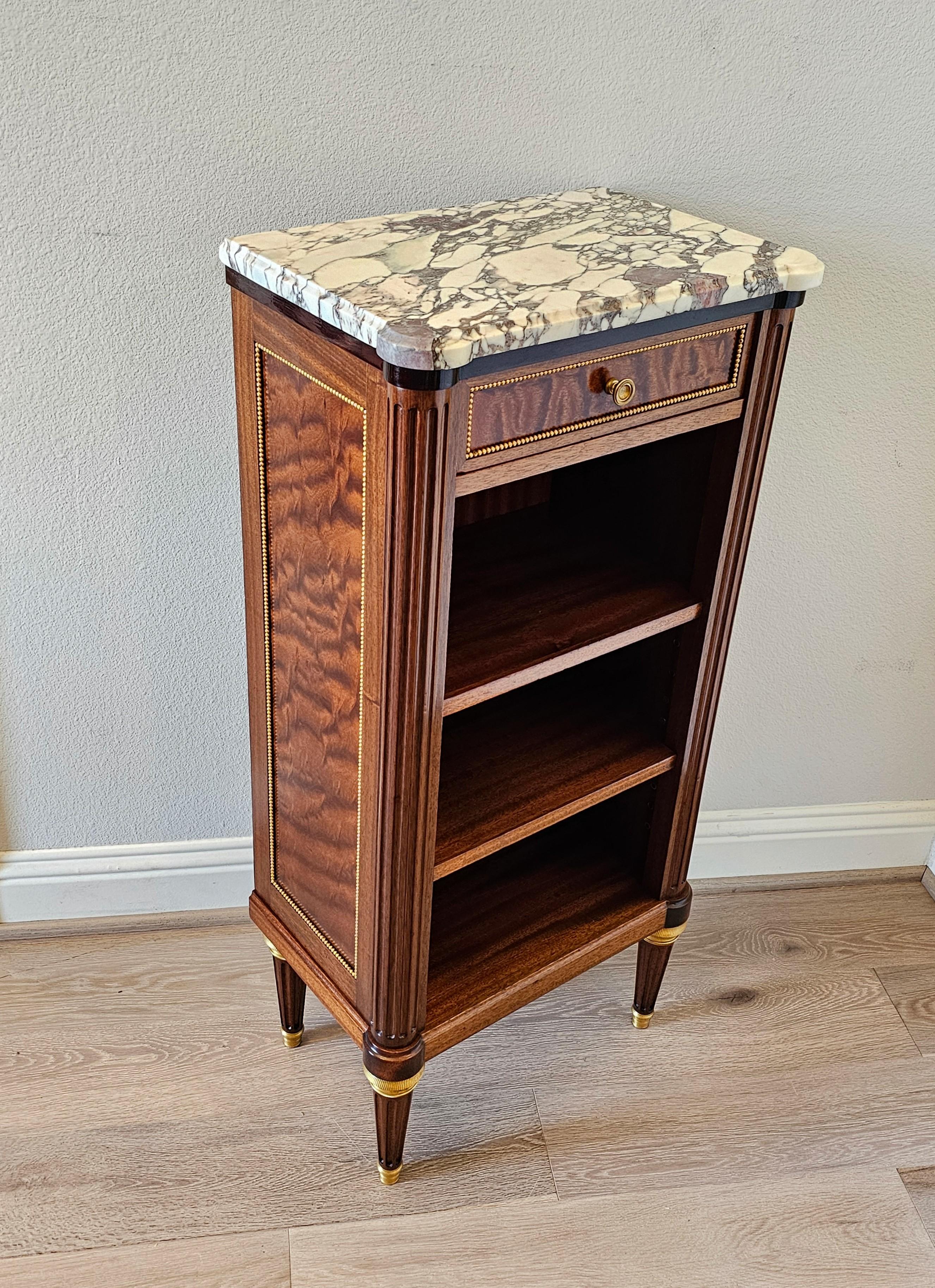 French Louis XVI Style Mahogany Pommele Sapele Open Bookcase Side Cabinet signed 3