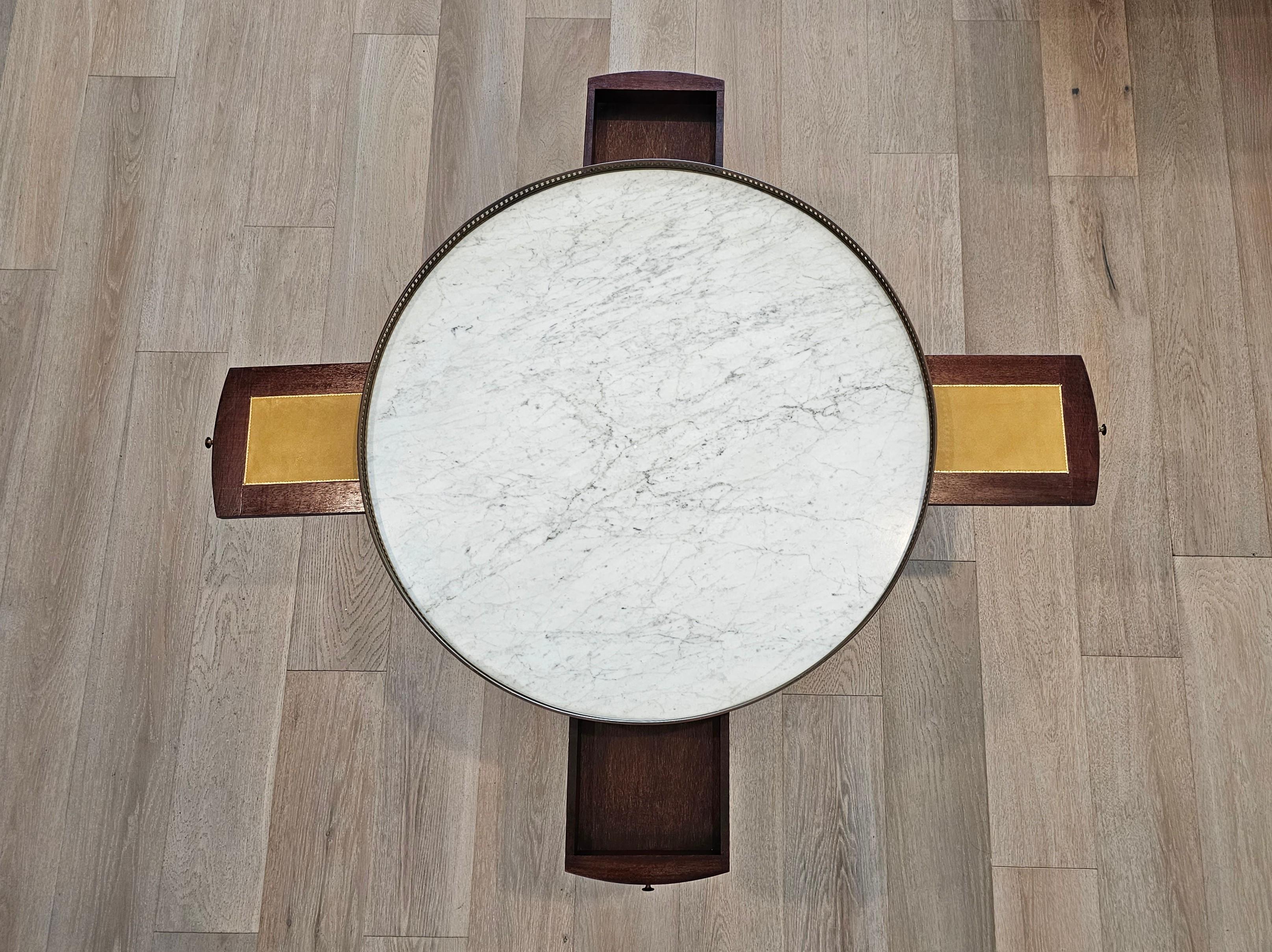 French Louis XVI Style Mahogany Round Marble Bouillotte Game Table In Good Condition In Forney, TX