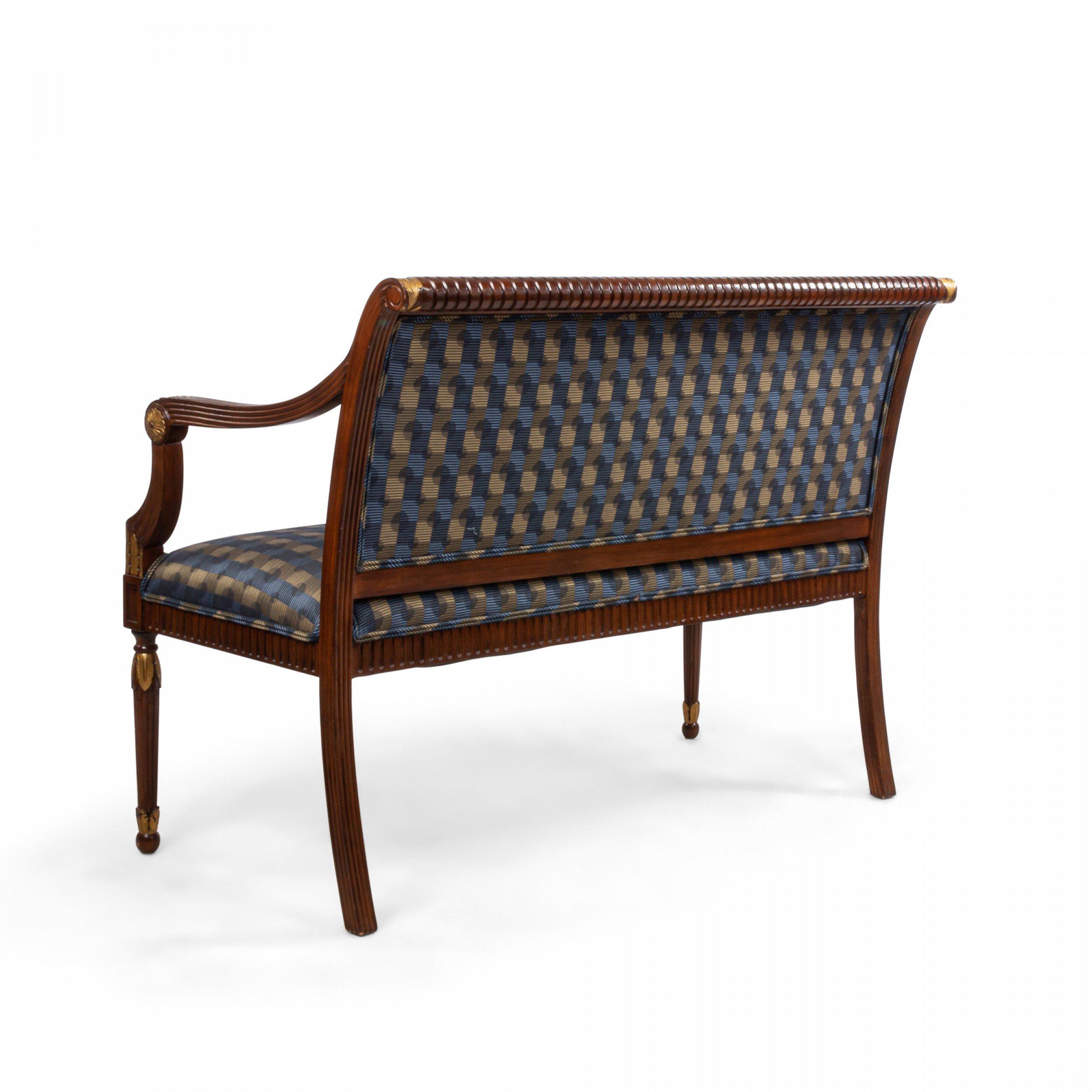 French Louis XVI Style Mahogany Settee with Blue Patterned Upholstery In Good Condition In New York, NY