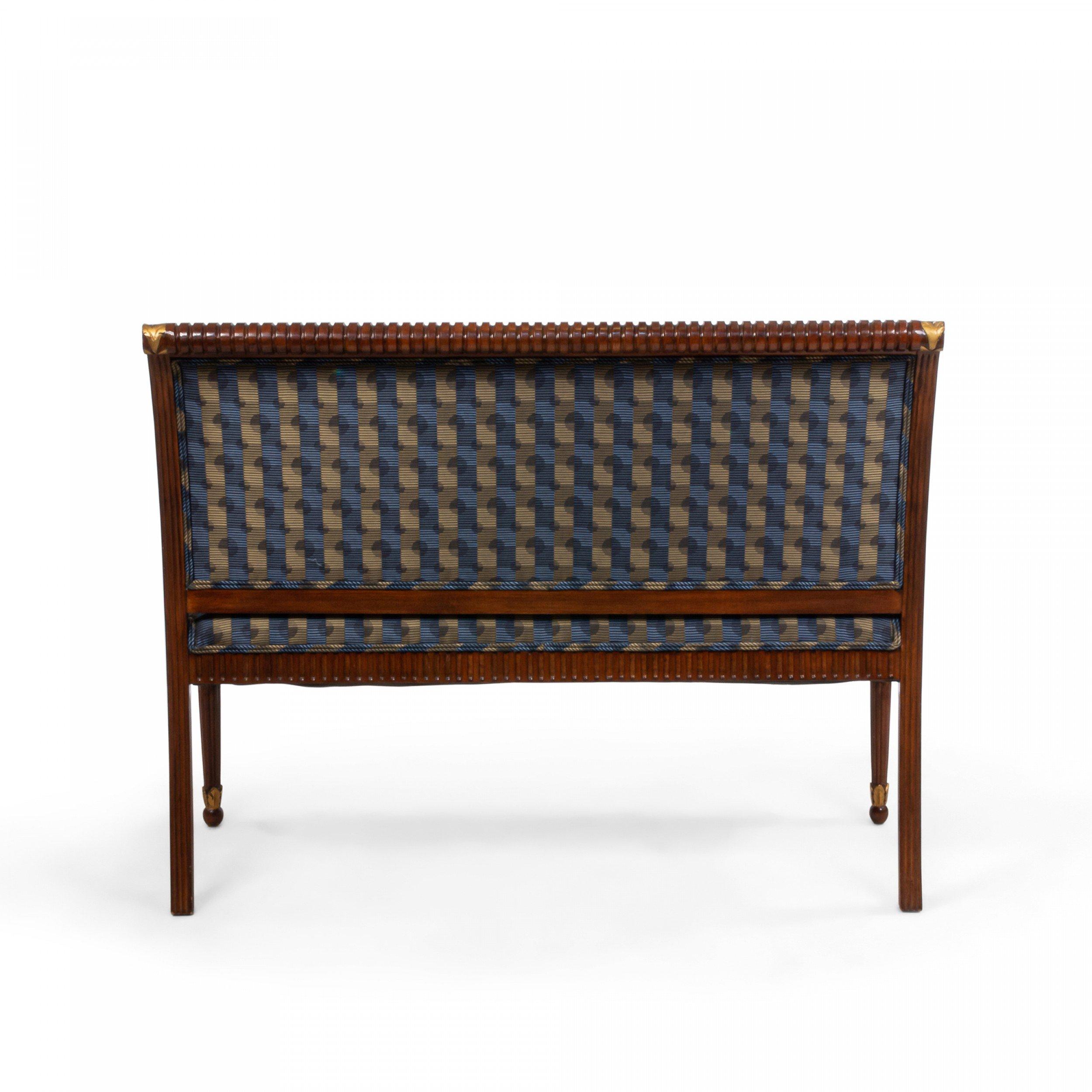 20th Century French Louis XVI Style Mahogany Settee with Blue Patterned Upholstery
