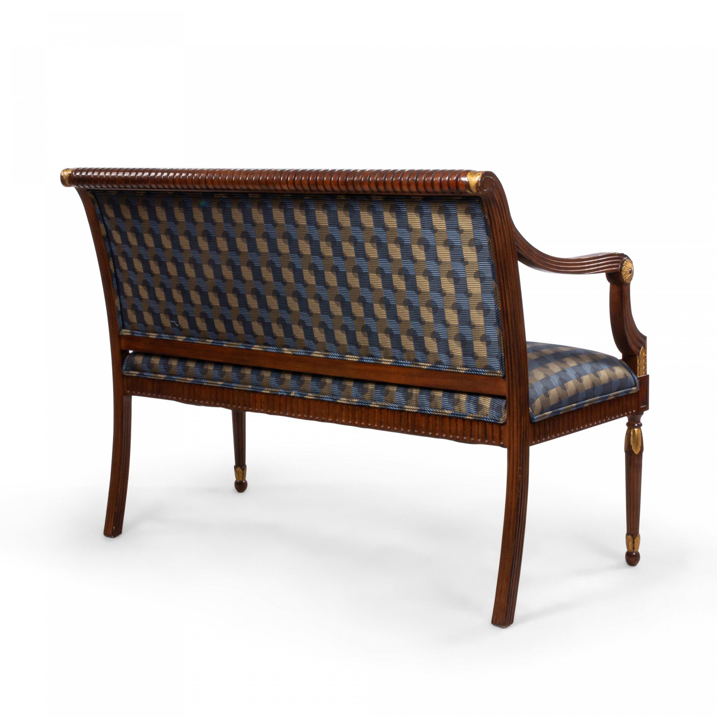 French Louis XVI Style Mahogany Settee with Blue Patterned Upholstery 1