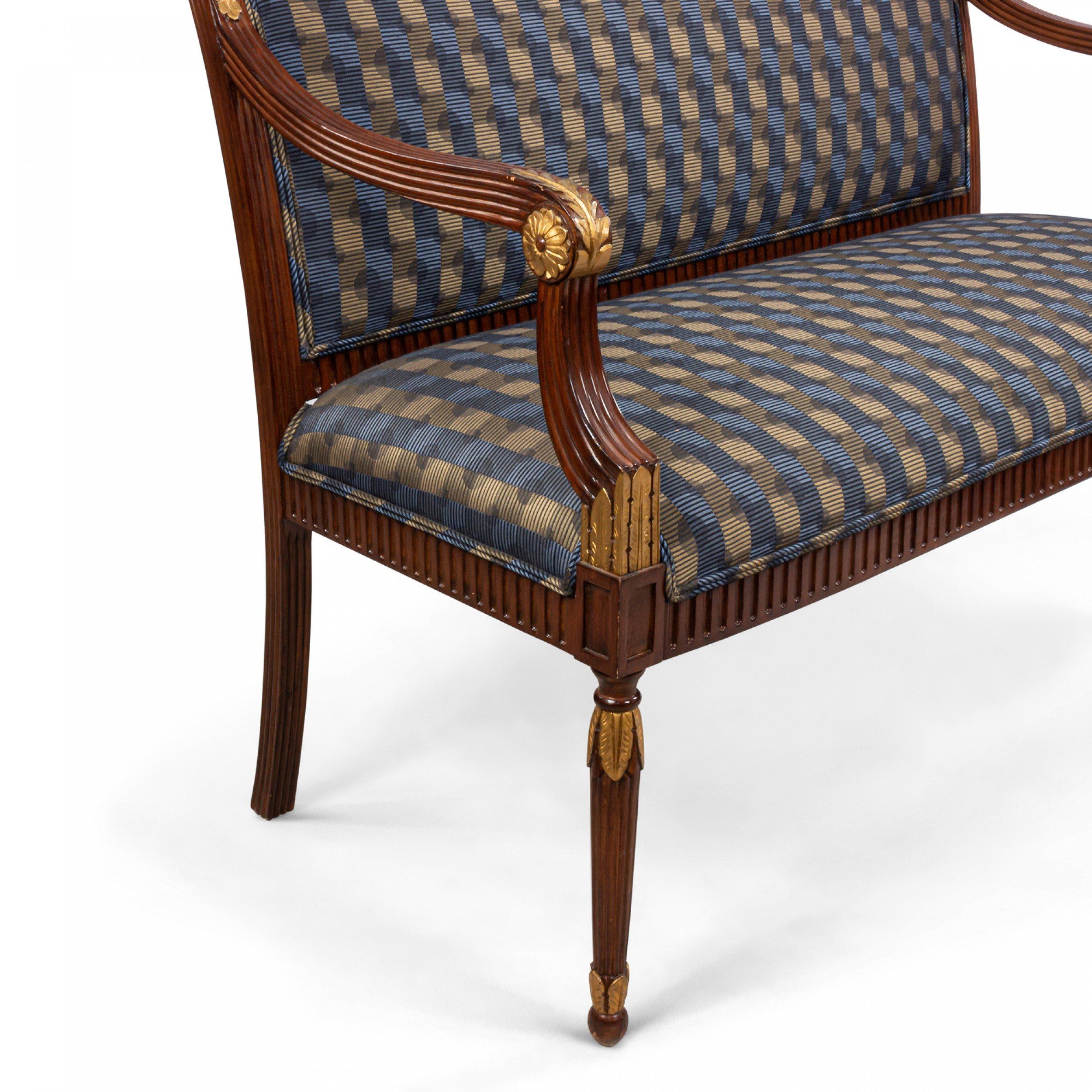 French Louis XVI Style Mahogany Settee with Blue Patterned Upholstery 3