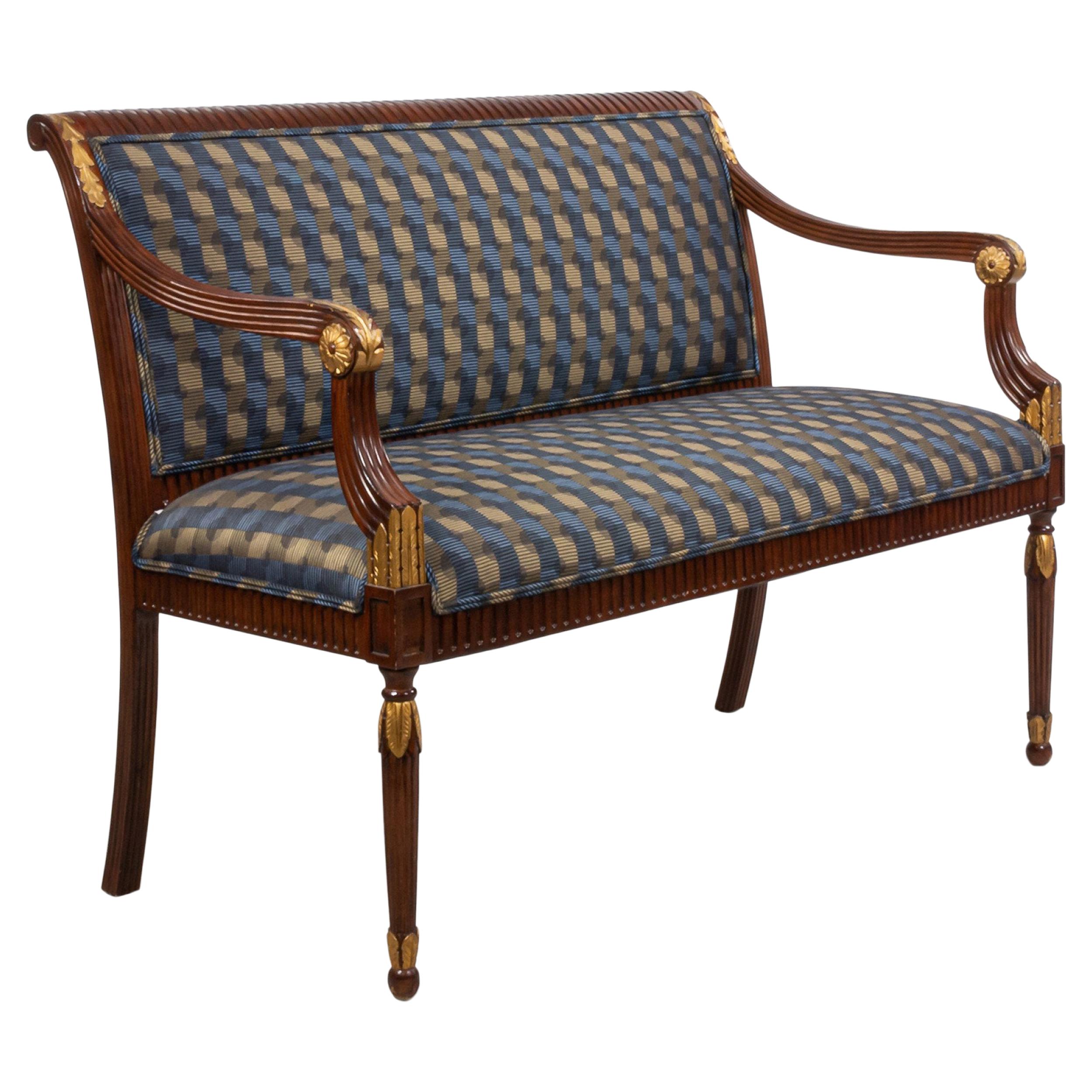 French Louis XVI Style Mahogany Settee with Blue Patterned Upholstery