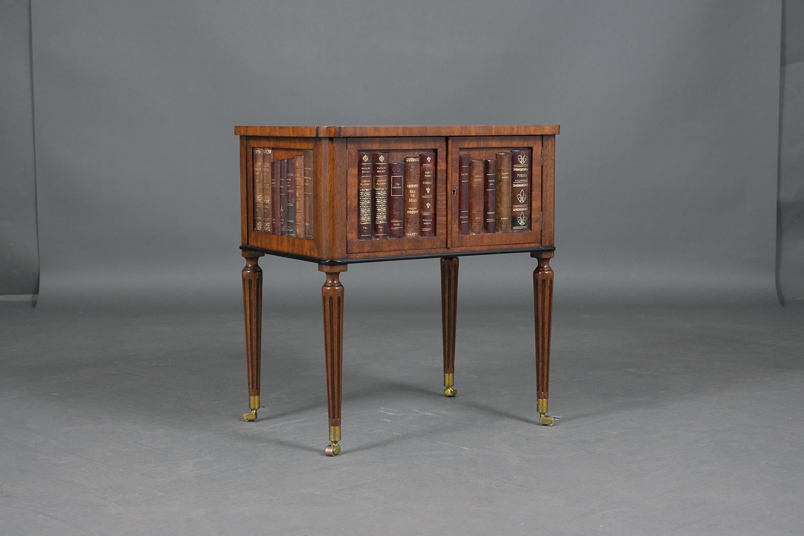 Lacquer Restored English Mahogany Commode with Embossed Leather Top & Faux Book Design