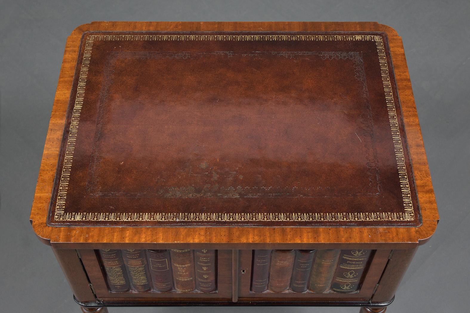Louis XVI Restored English Mahogany Commode with Embossed Leather Top & Faux Book Design