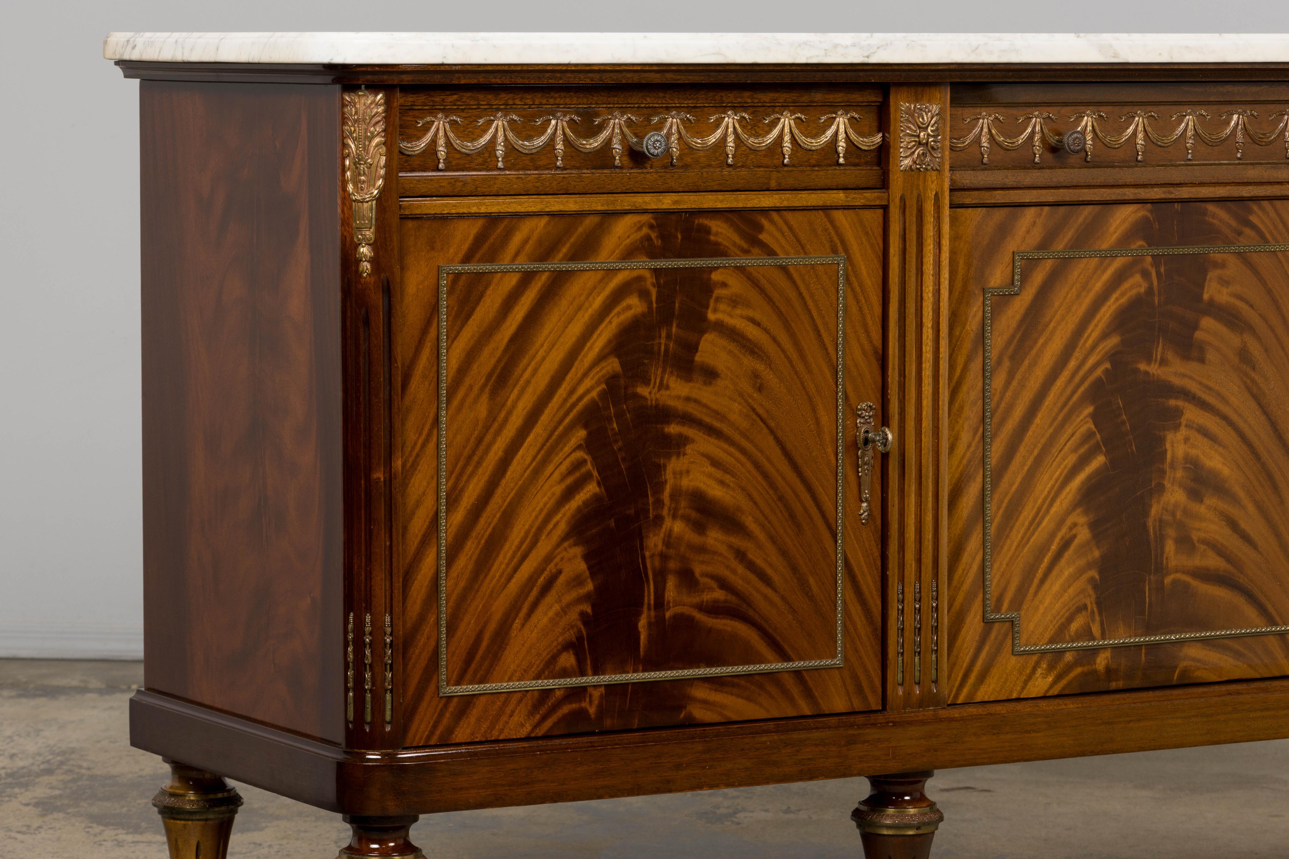 French Louis XVI Style Mahogany Sideboard Buffet W/ Carrara Marble For Sale 5