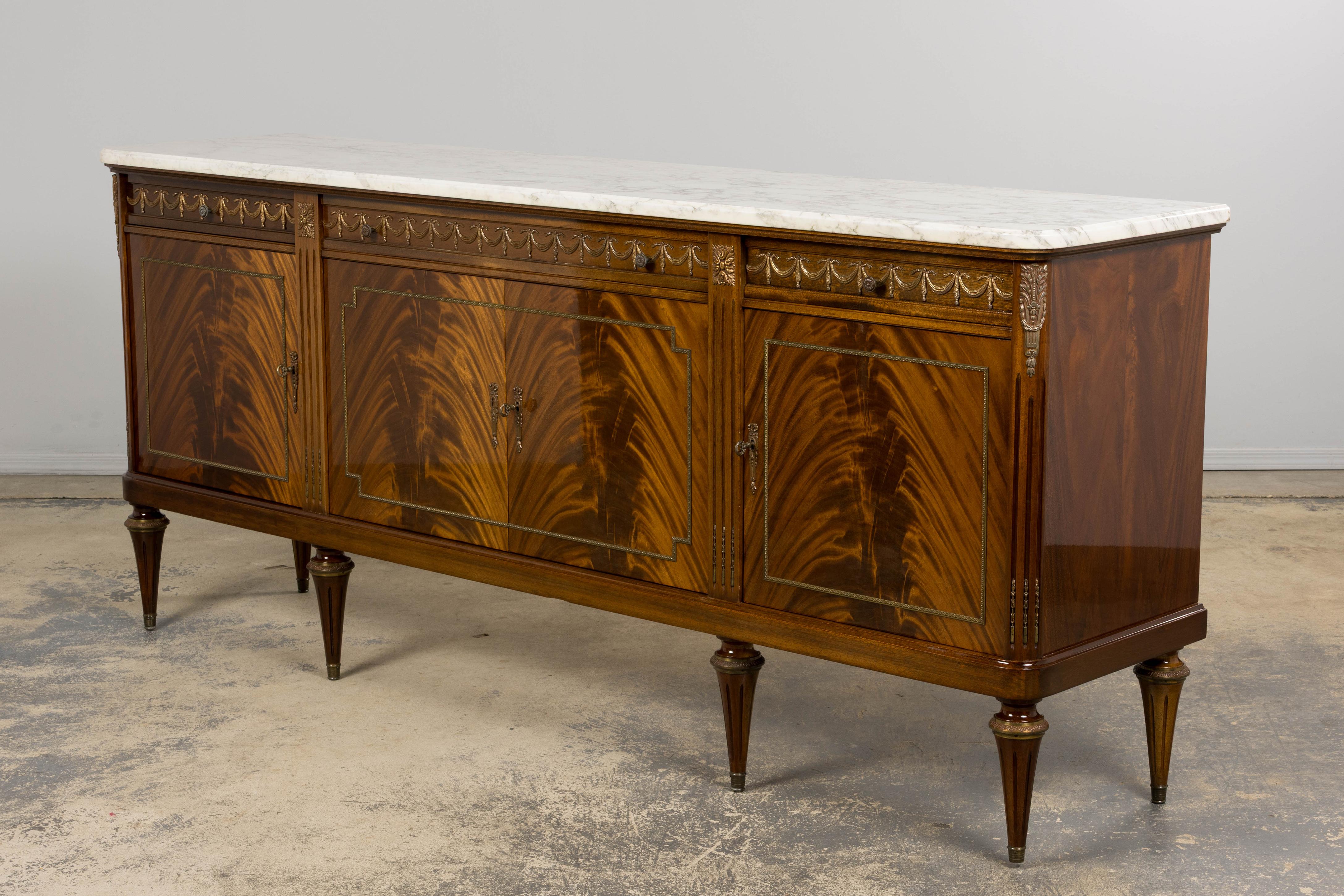 French Louis XVI Style Mahogany Sideboard Buffet W/ Carrara Marble For Sale 10
