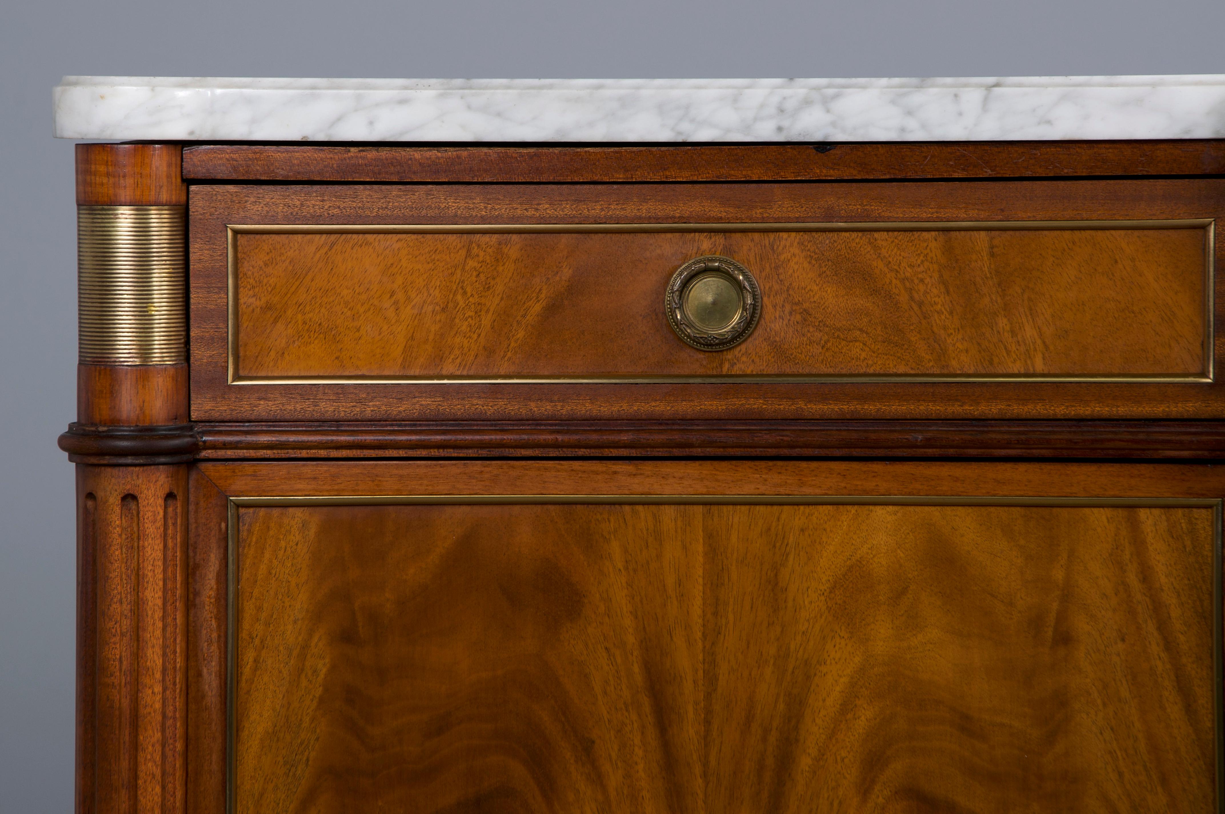 Hand-Carved French Louis XVI Style Mahogany Sideboard Buffet W/ Carrara Marble