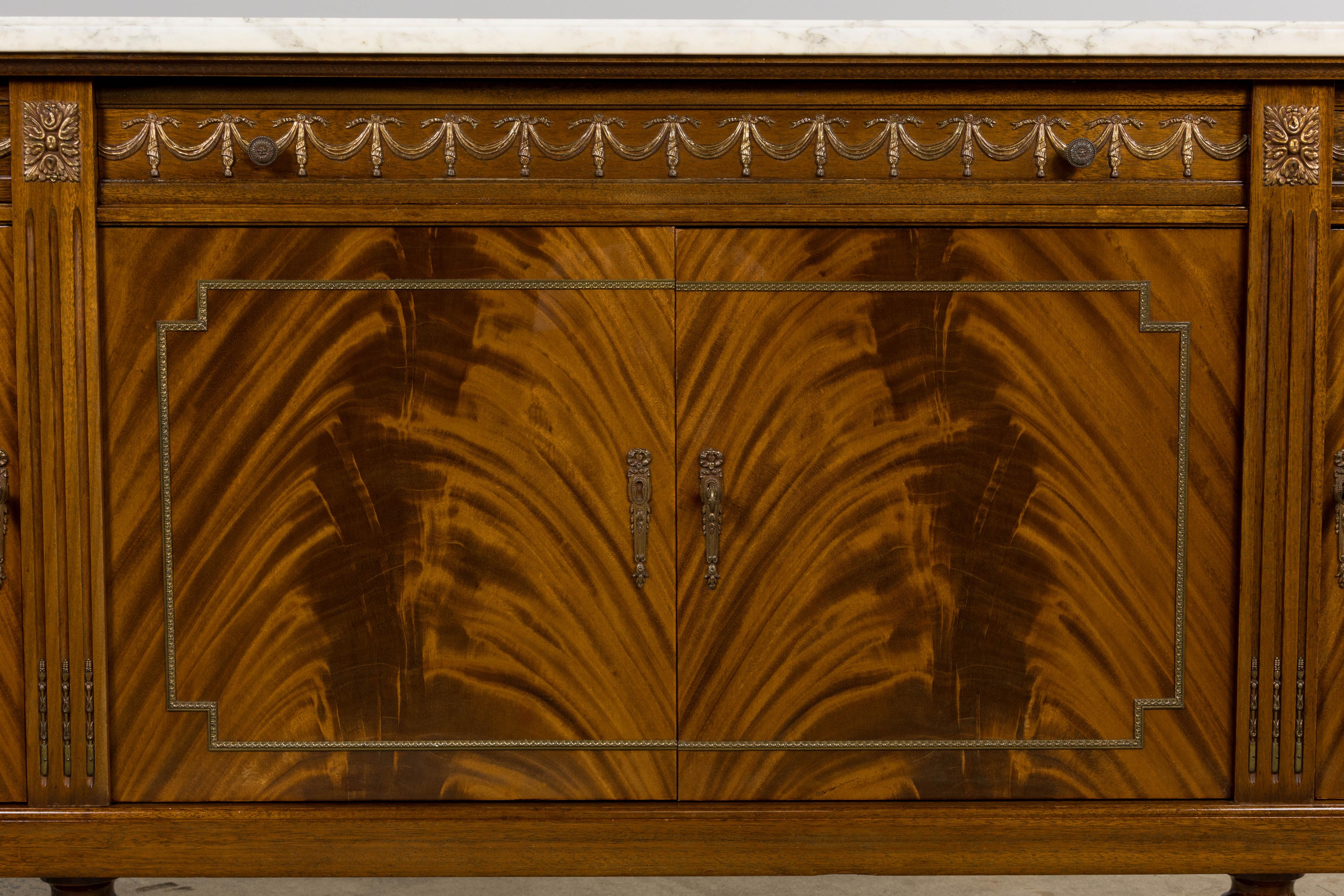 Hand-Crafted French Louis XVI Style Mahogany Sideboard Buffet W/ Carrara Marble For Sale