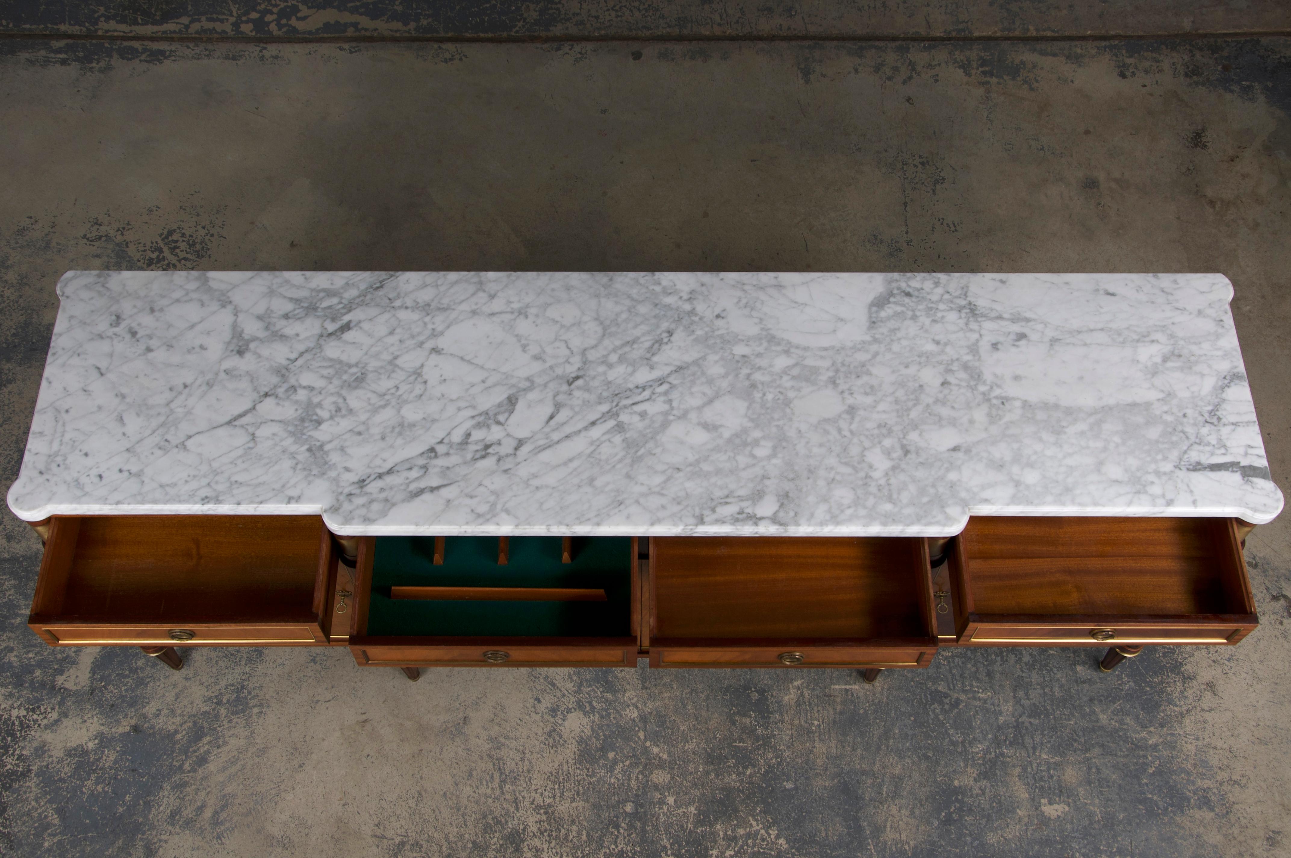 20th Century French Louis XVI Style Mahogany Sideboard Buffet W/ Carrara Marble