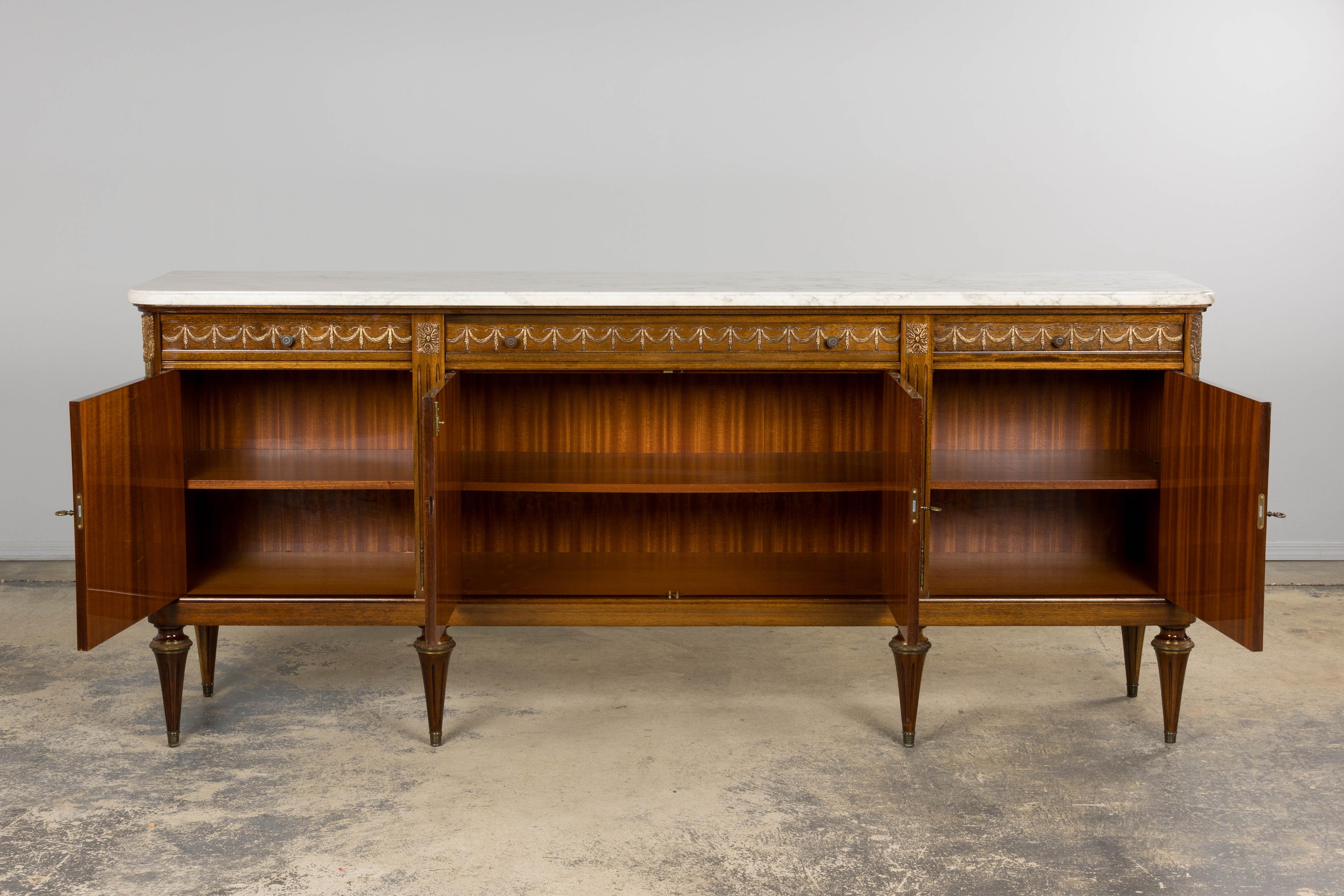 Brass French Louis XVI Style Mahogany Sideboard Buffet W/ Carrara Marble For Sale