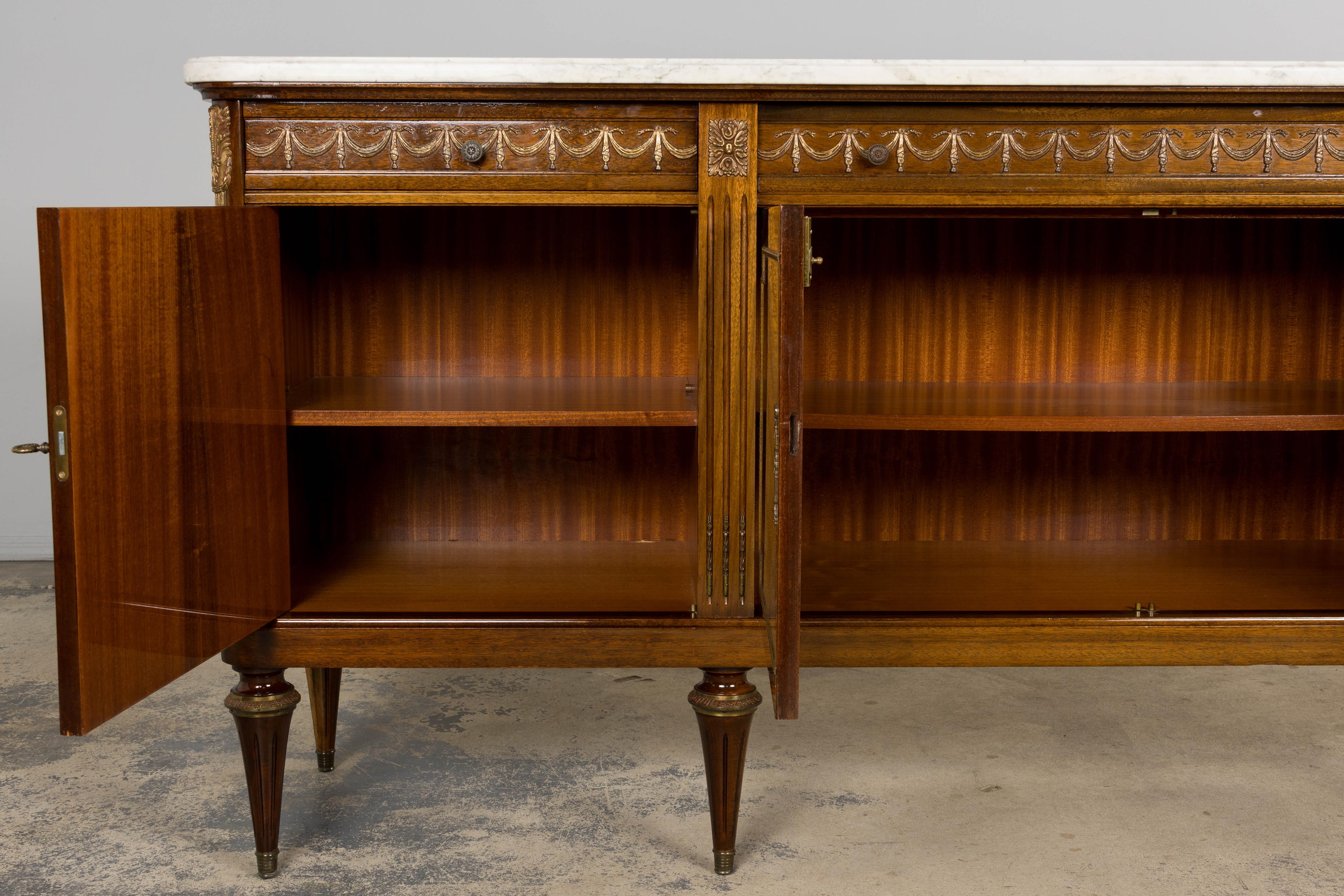 French Louis XVI Style Mahogany Sideboard Buffet W/ Carrara Marble For Sale 1