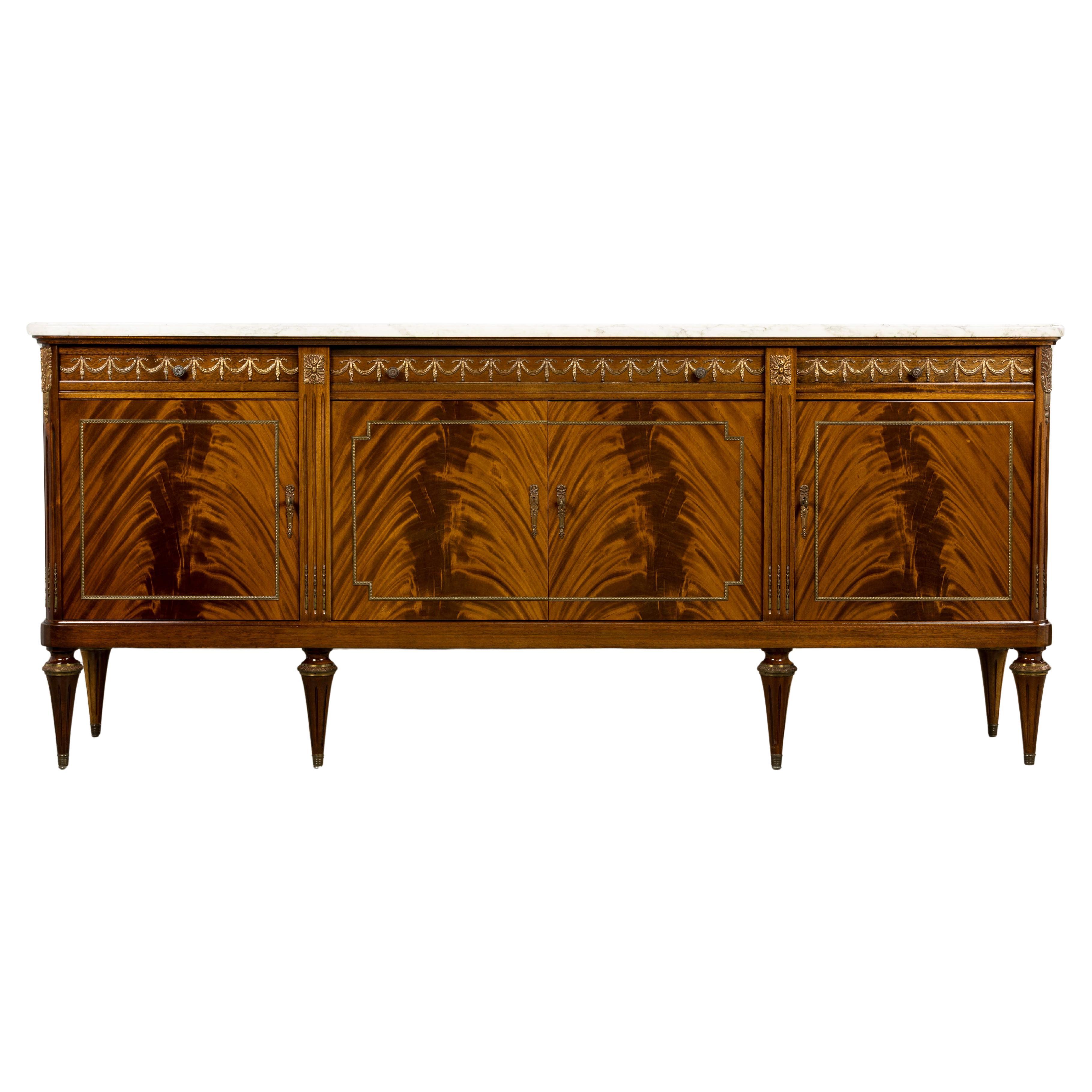 French Louis XVI Style Mahogany Sideboard Buffet W/ Carrara Marble For Sale