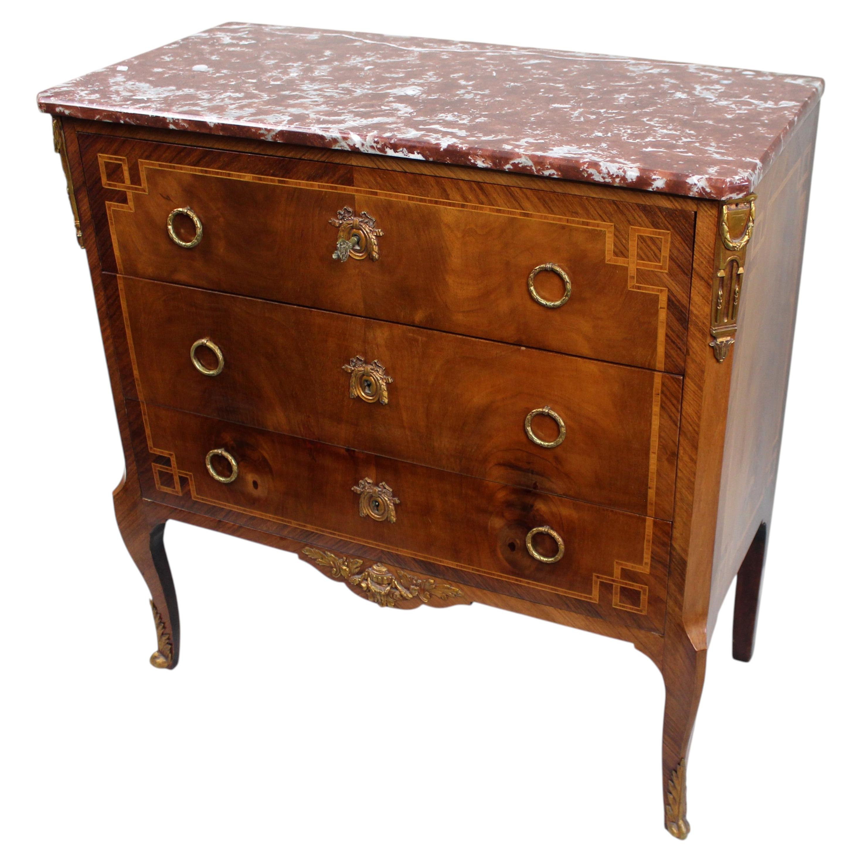 French Louis XVI Style Mahogany & Tulipwood Commode with Rouge Marble Top