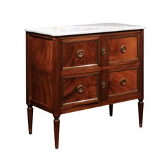 French Louis XVI Style Mahogany Two-Door Buffet with Marble Top and Brass Trim