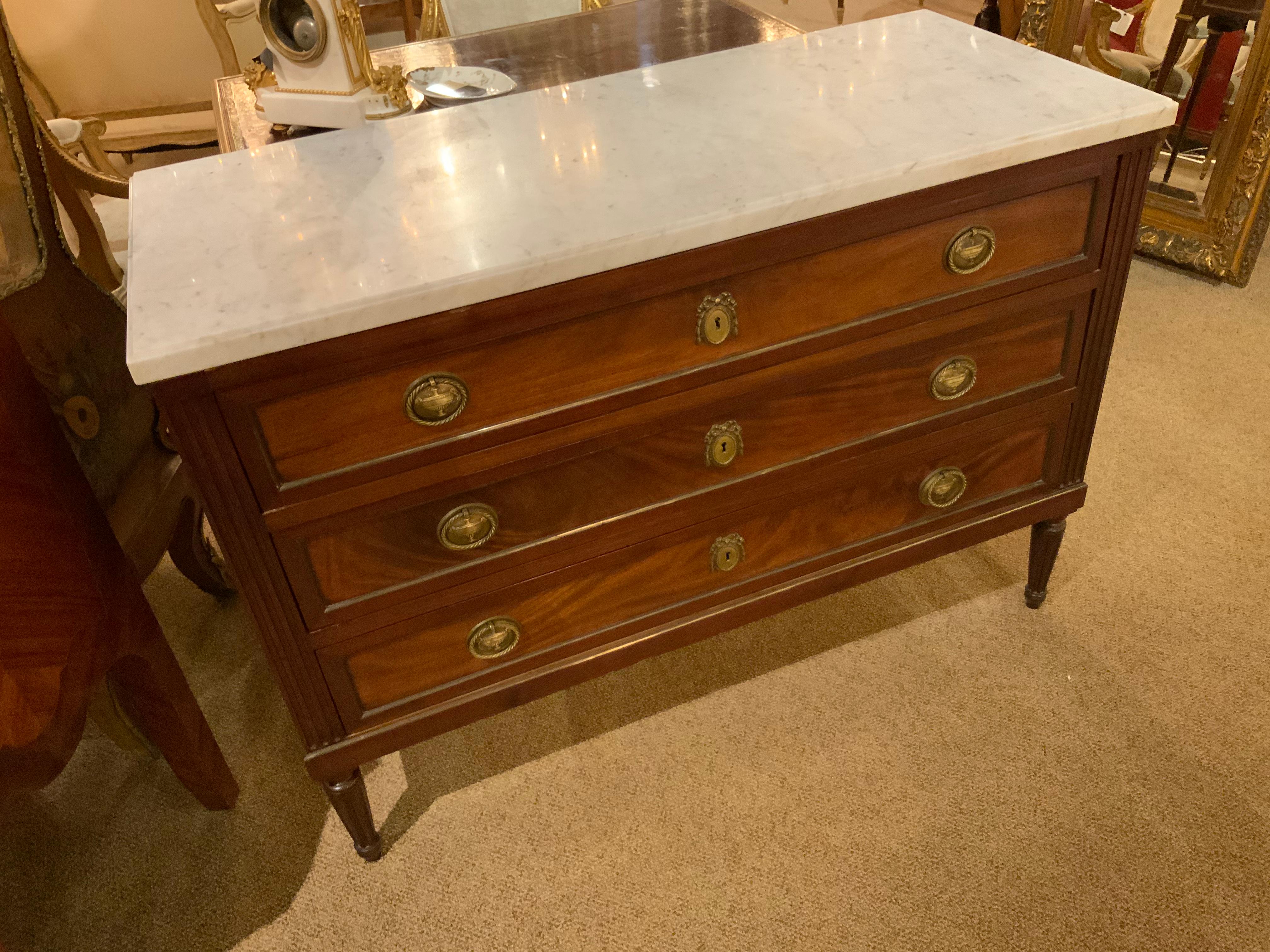 20th Century French Louis XVI, Style Mahogany White Marble Top Commode/Chest