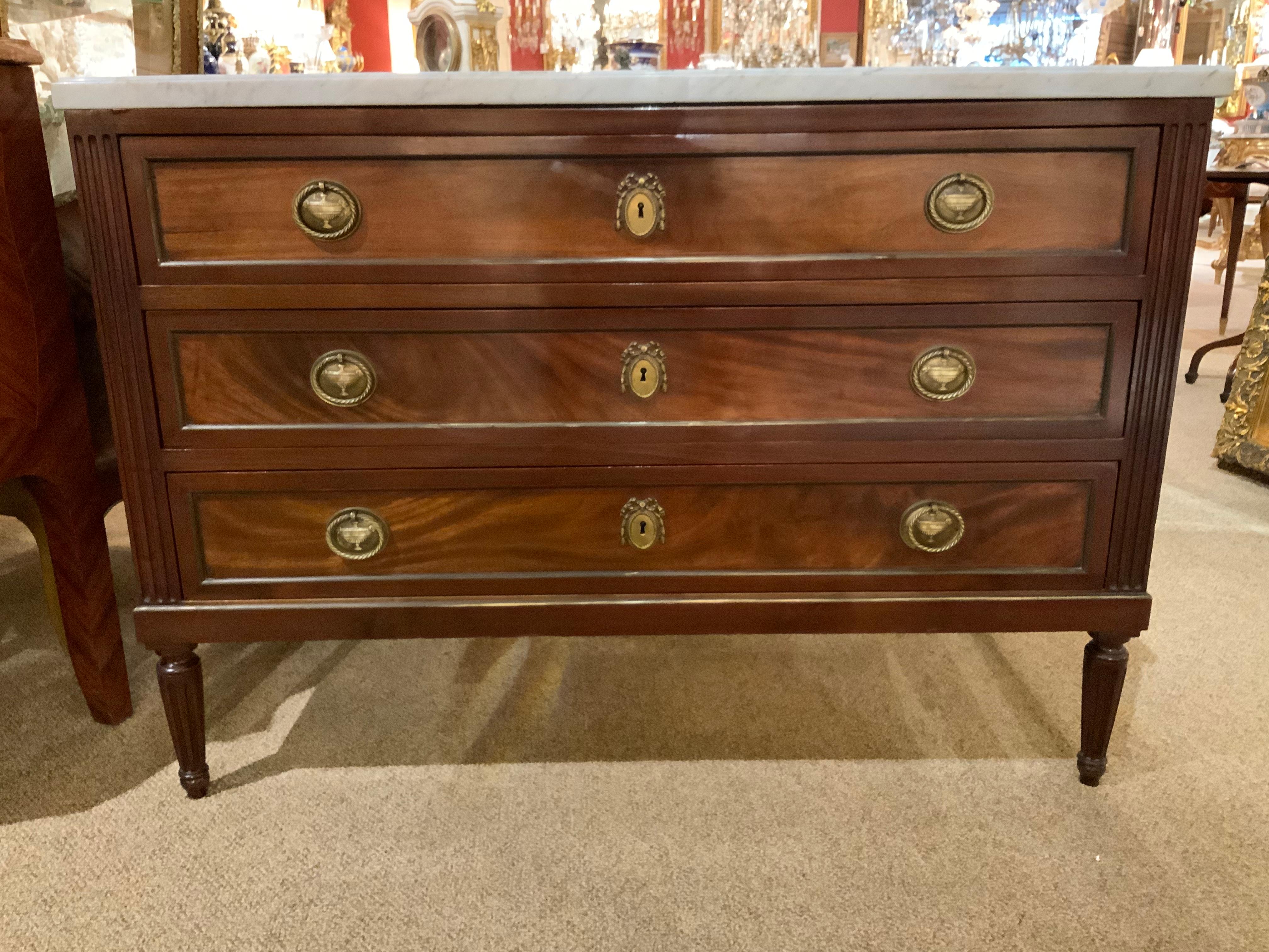 French Louis XVI, Style Mahogany White Marble Top Commode/Chest 1