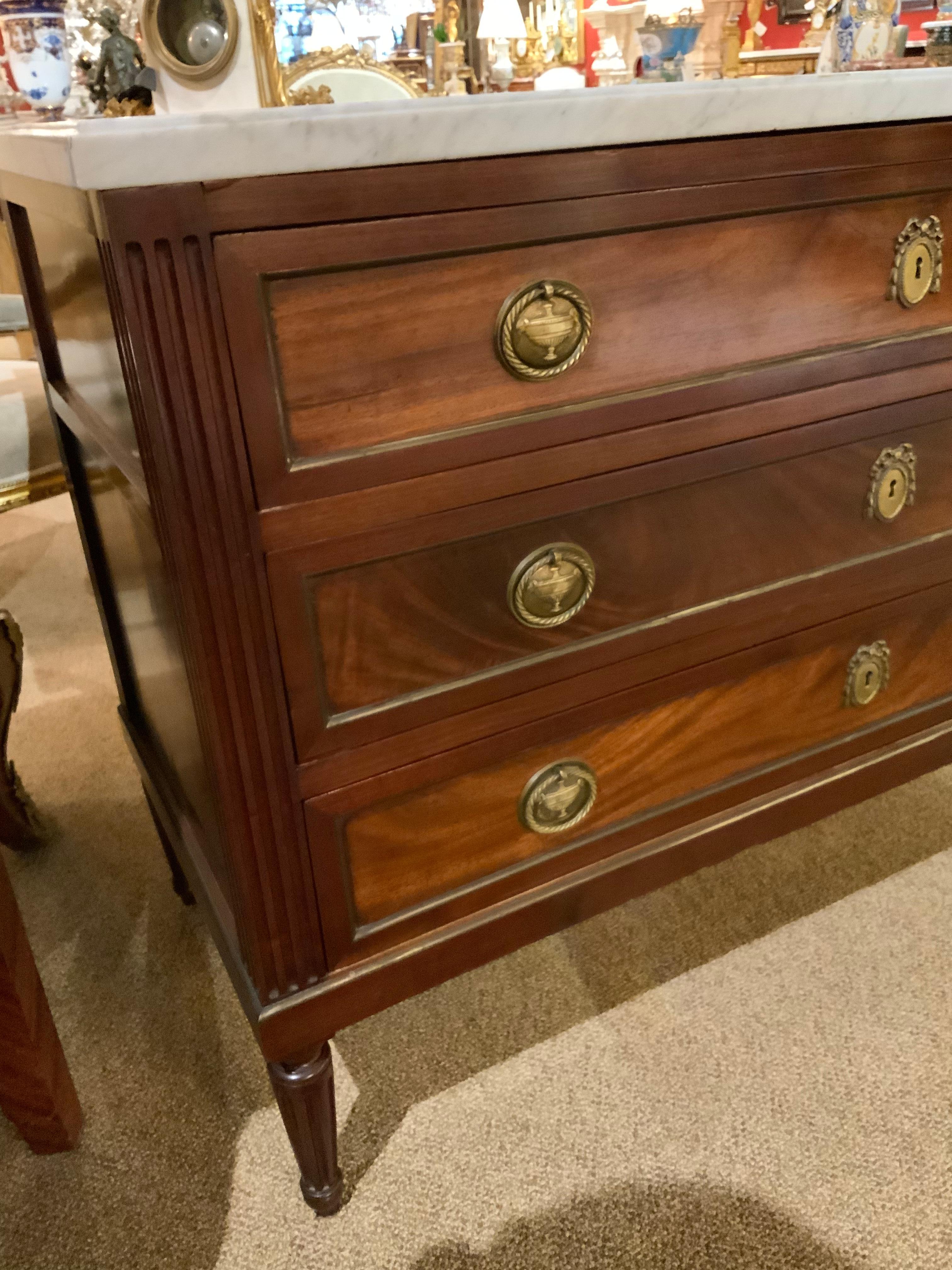 French Louis XVI, Style Mahogany White Marble Top Commode/Chest 3