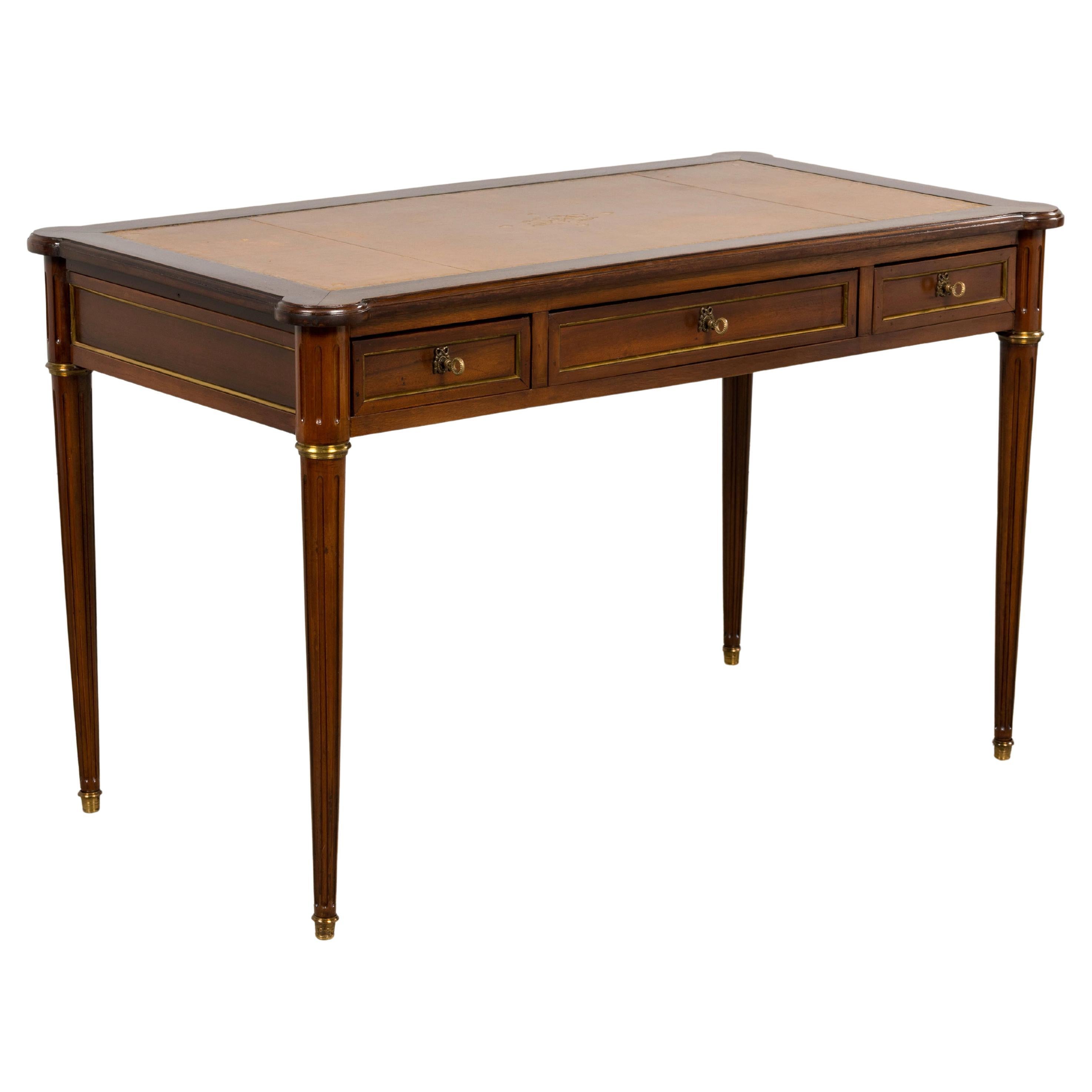 French Louis XVI Style Mahogany Writing Desk W/ Cognac Leather Top