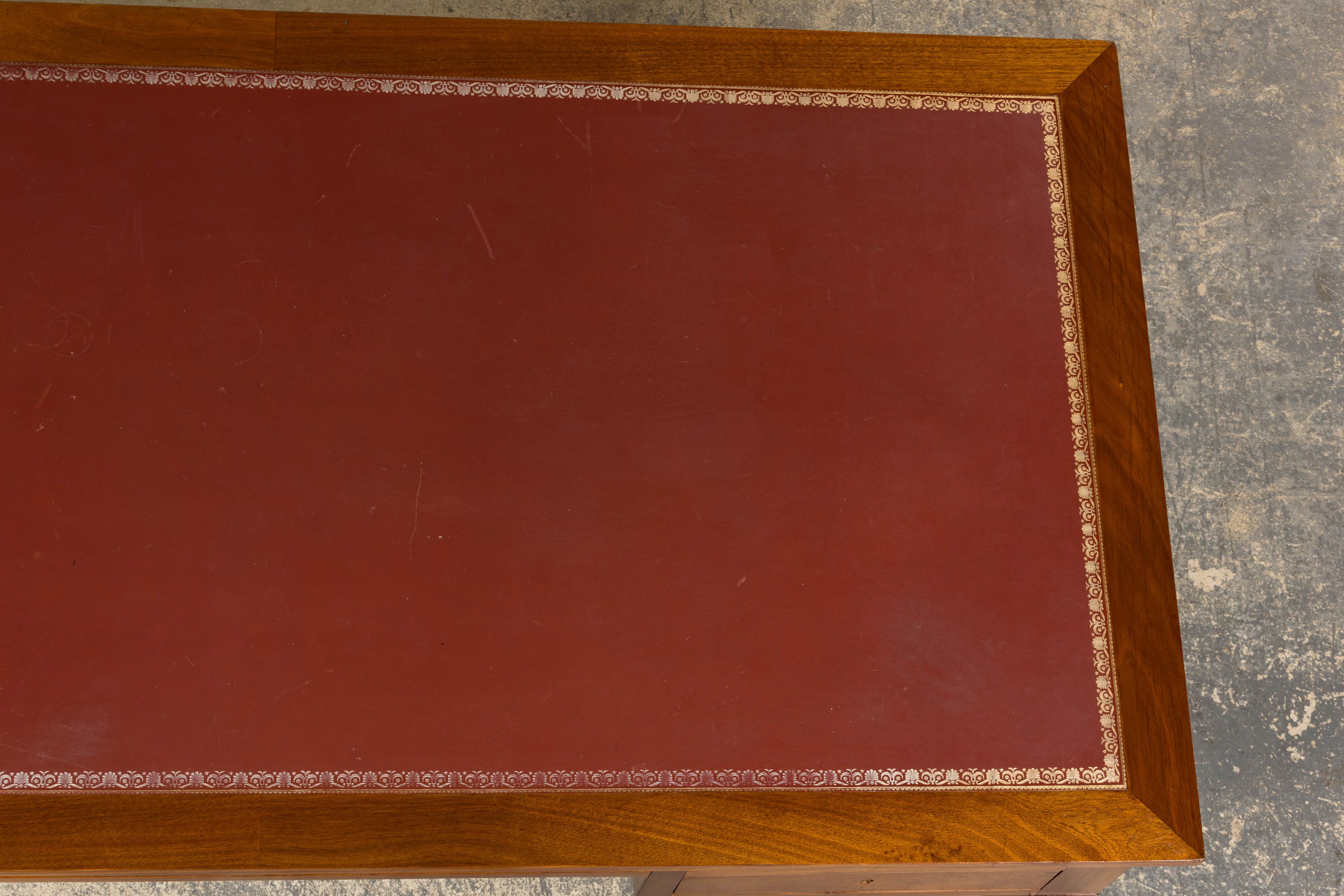 Brass French Louis XVI Style Mahogany Writing Desk with Leather Top For Sale