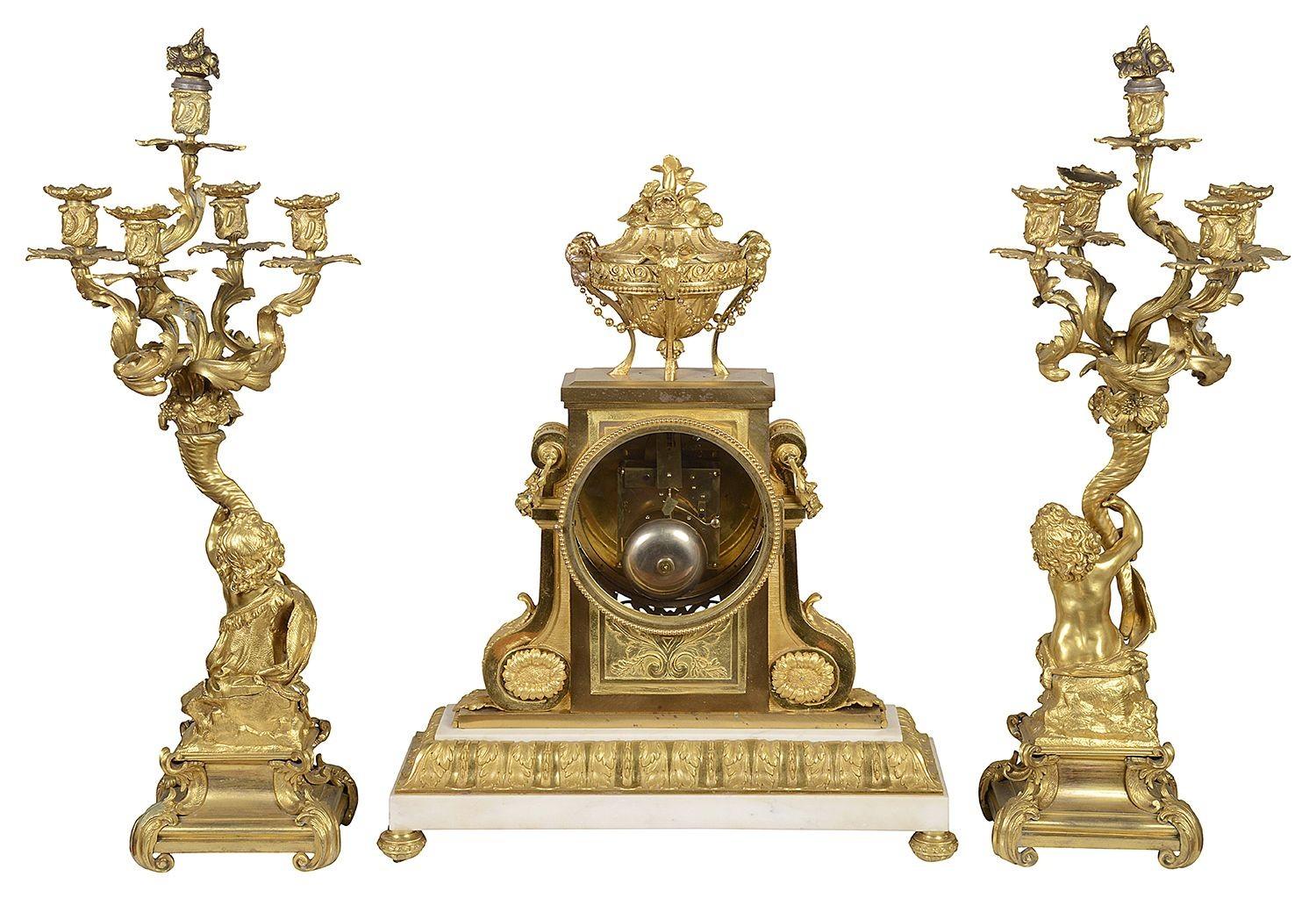 French Louis XVI Style Mantel Clock + Candelabra, 19th Century For Sale 6