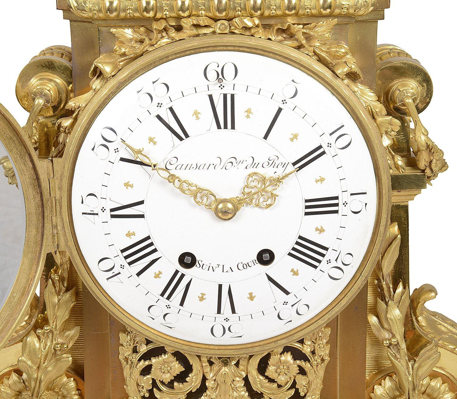 Gilt French Louis XVI Style Mantel Clock + Candelabra, 19th Century For Sale