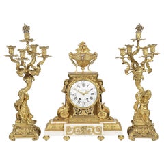 French Louis XVI Style Mantel Clock + Candelabra, 19th Century