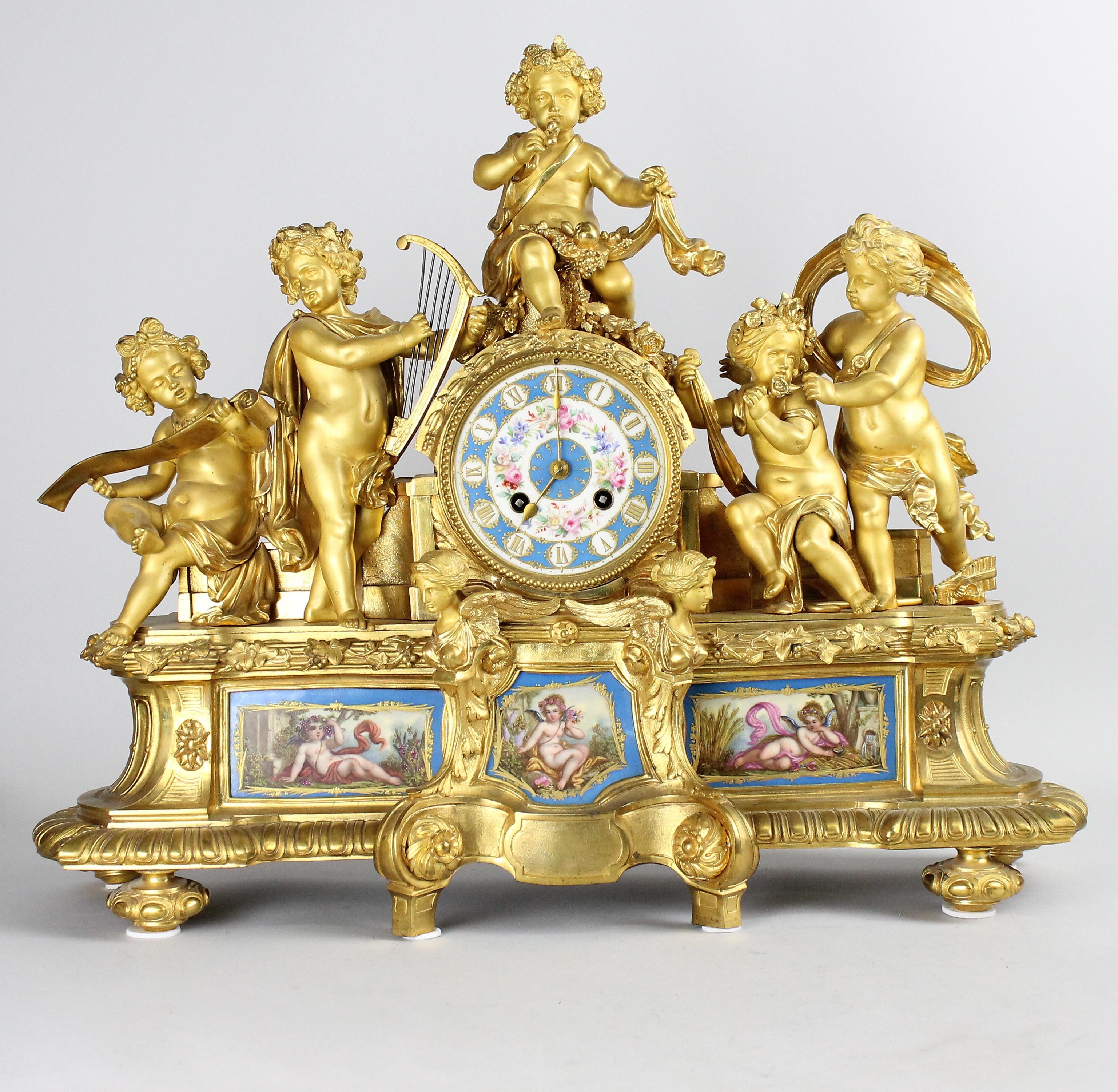 Louis XIV French Louis XVI Style Mantel Clock with Sevres Plaques, circa 1870