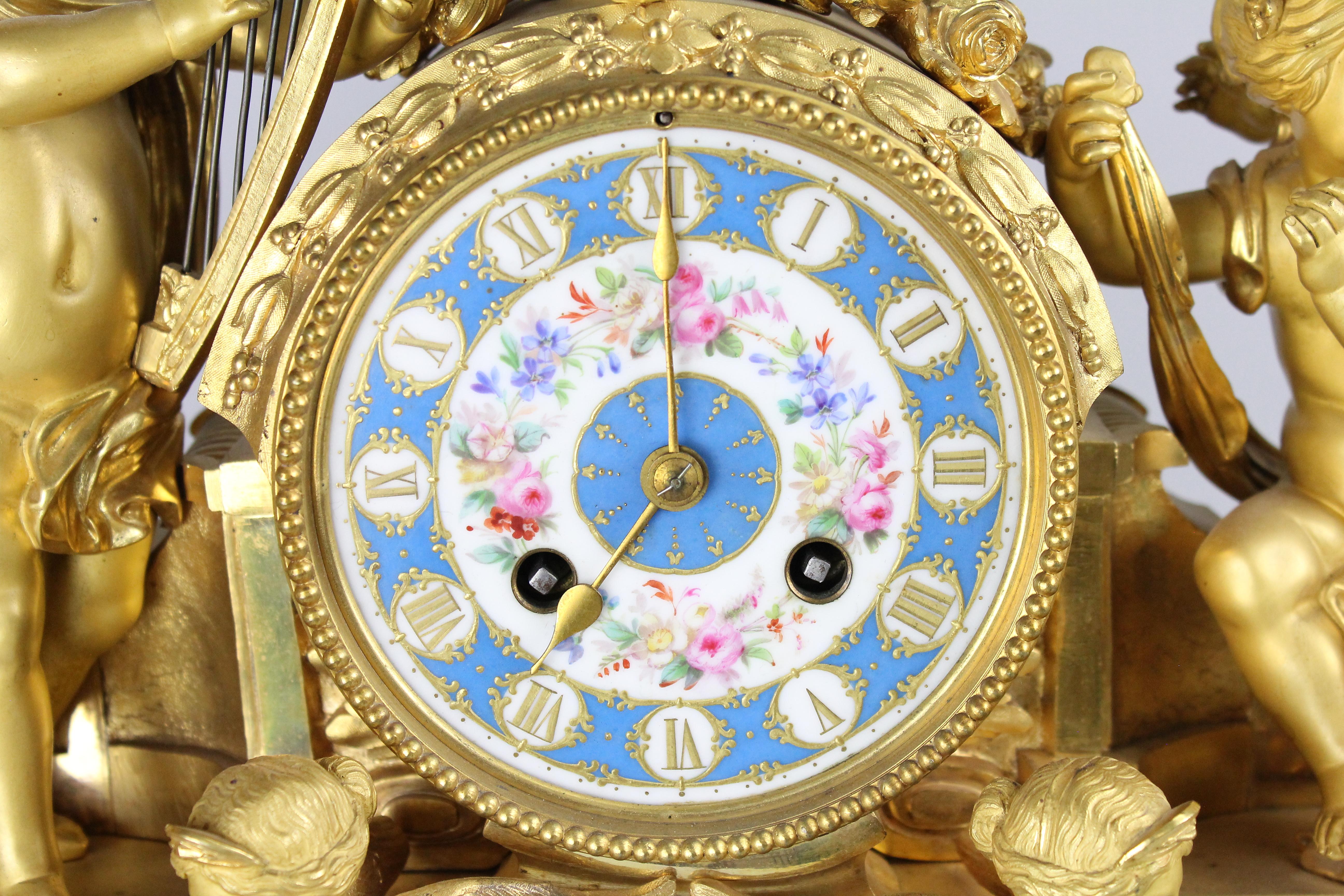 Gilt French Louis XVI Style Mantel Clock with Sevres Plaques, circa 1870
