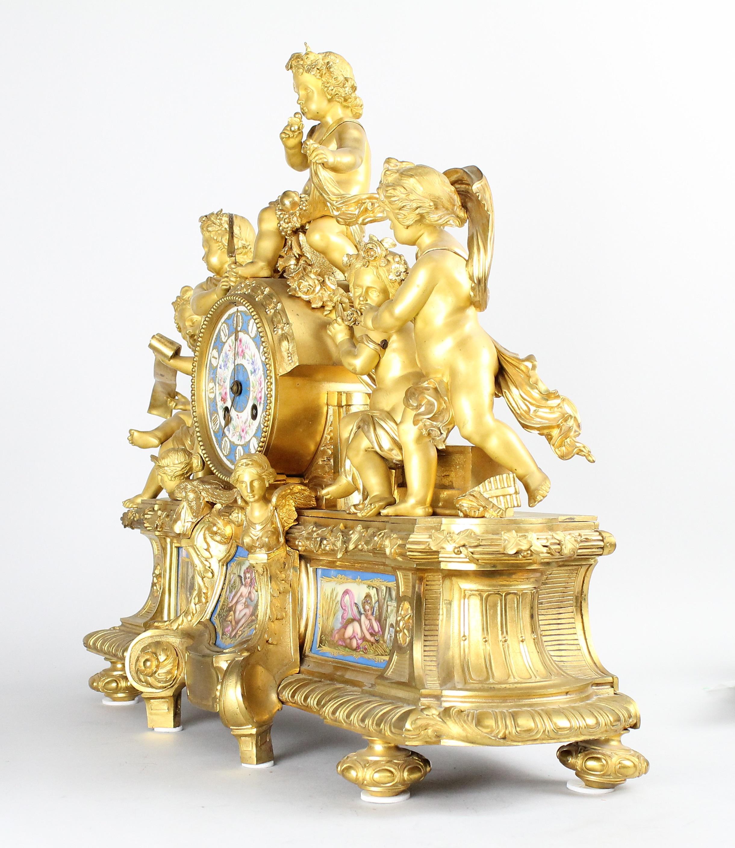 Porcelain French Louis XVI Style Mantel Clock with Sevres Plaques, circa 1870