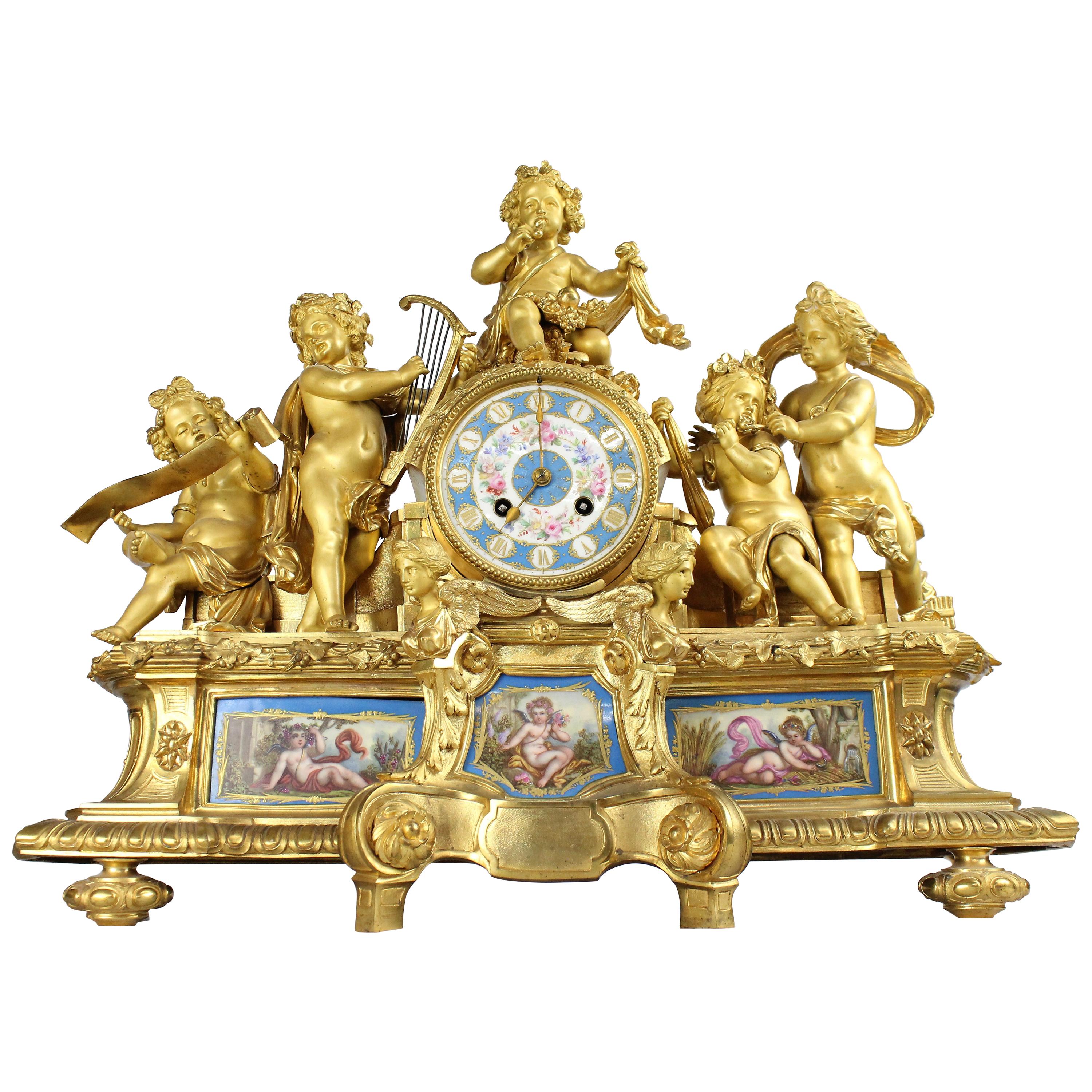 French Louis XVI Style Mantel Clock with Sevres Plaques, circa 1870