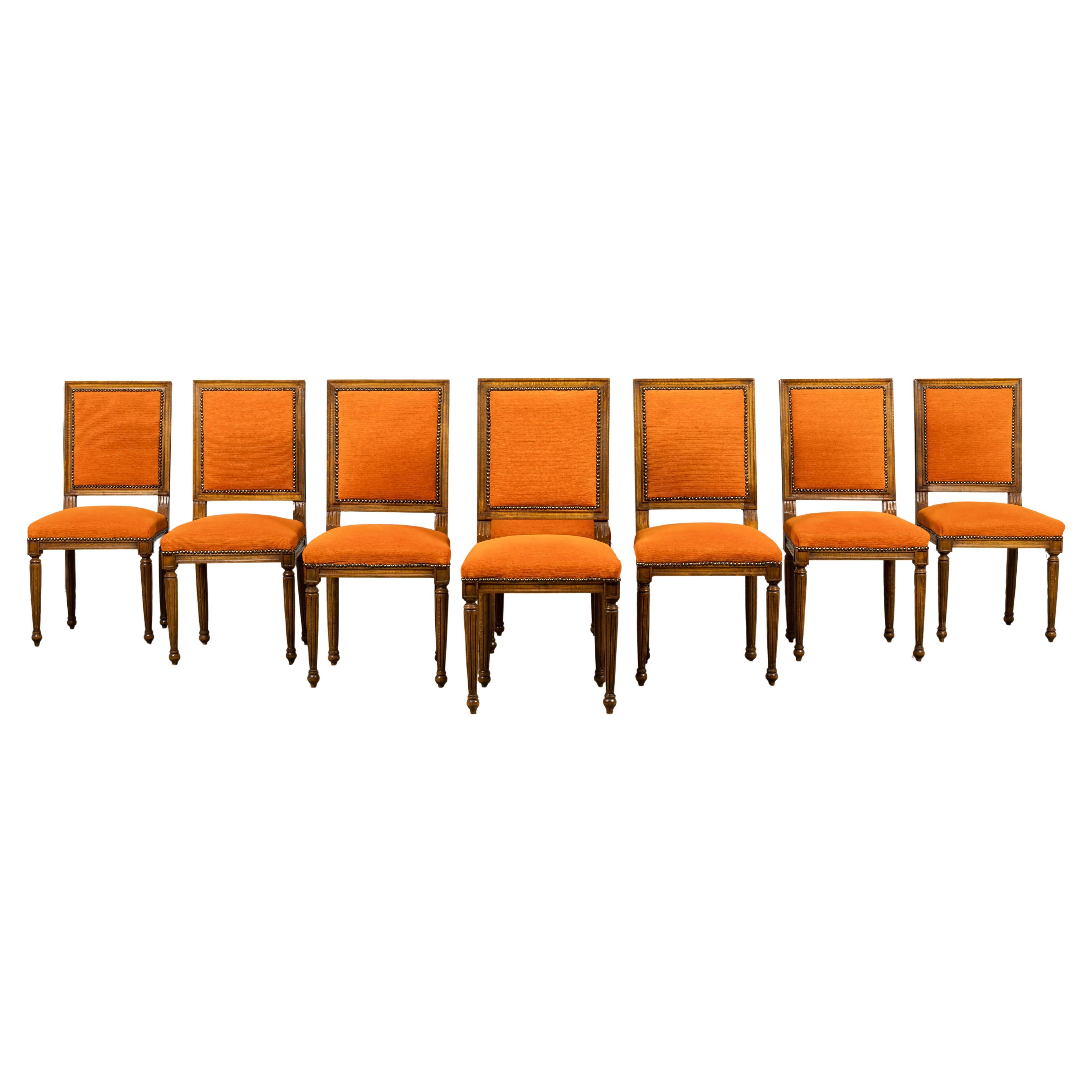 French Louis XVI Style Maple Dining Chairs in Orange Chenille - Set of 8 For Sale