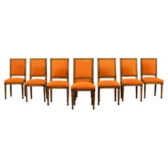 French Louis XVI Style Maple Dining Chairs in Orange Chenille - Set of 8