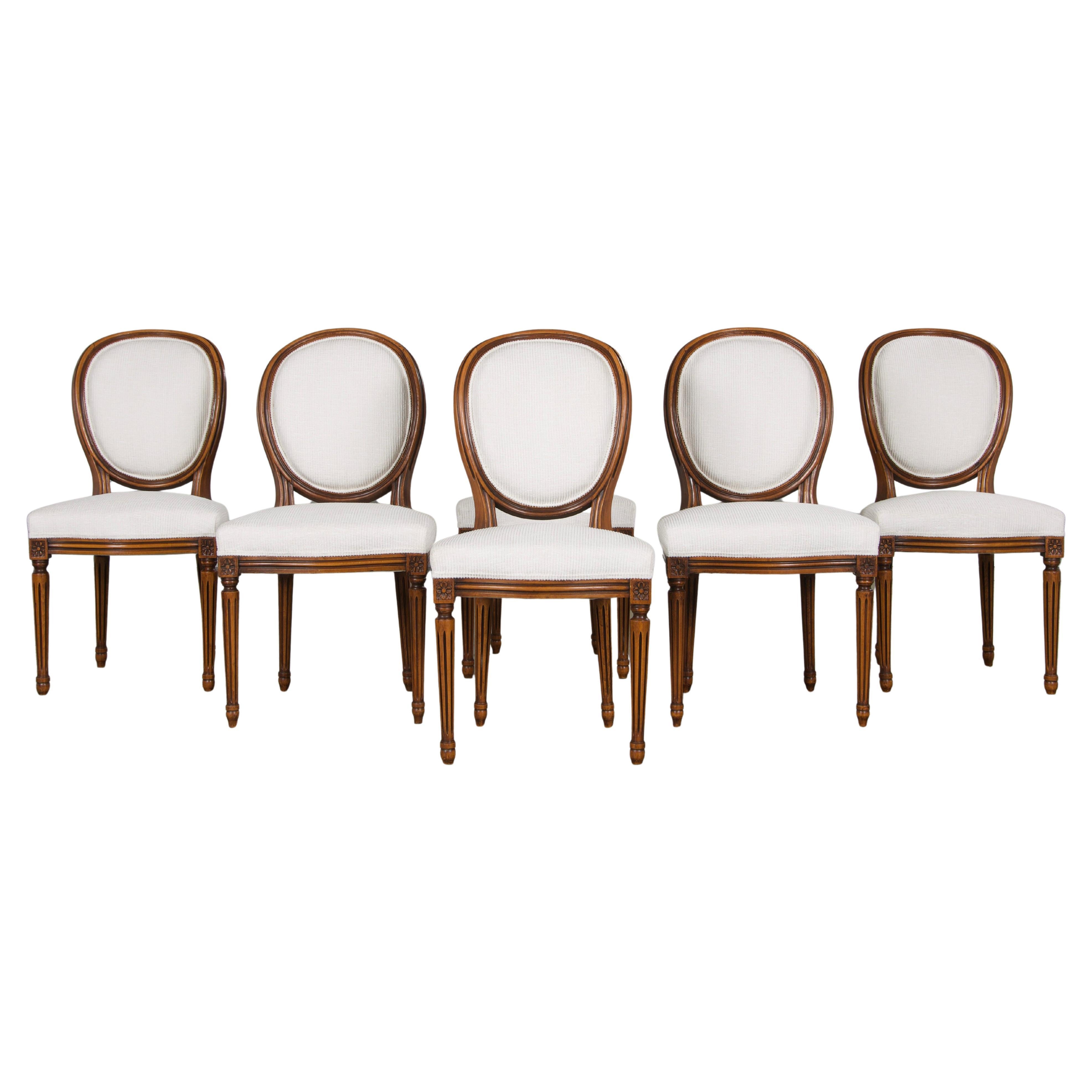 French Louis XVI Style Maple Dining Chairs in White Chenille - Set of 6
