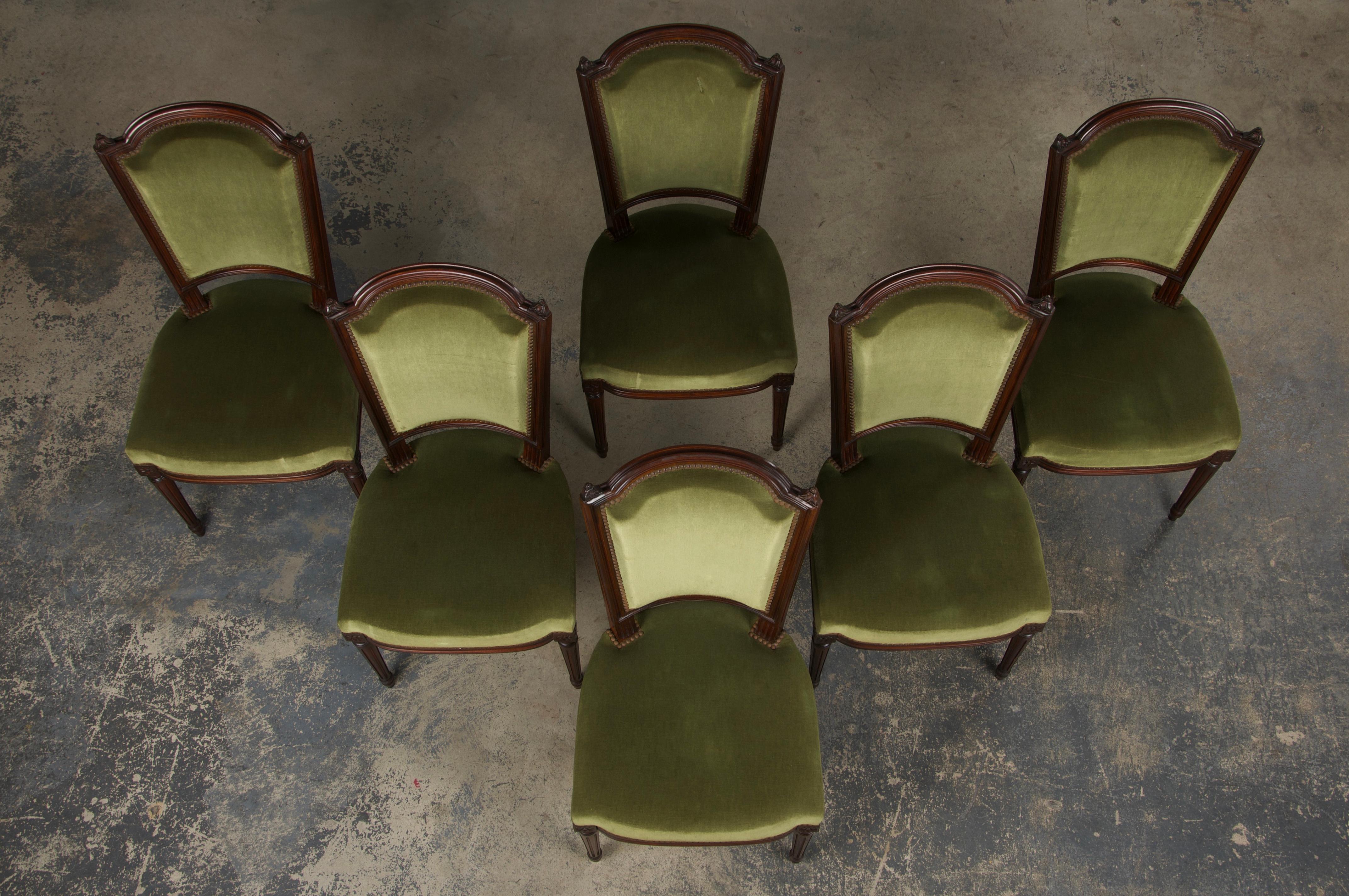 Sillas de Comedor Francesas de Arce Estilo Luis XVI con Mohair Verde - Set de 6 Francés en venta