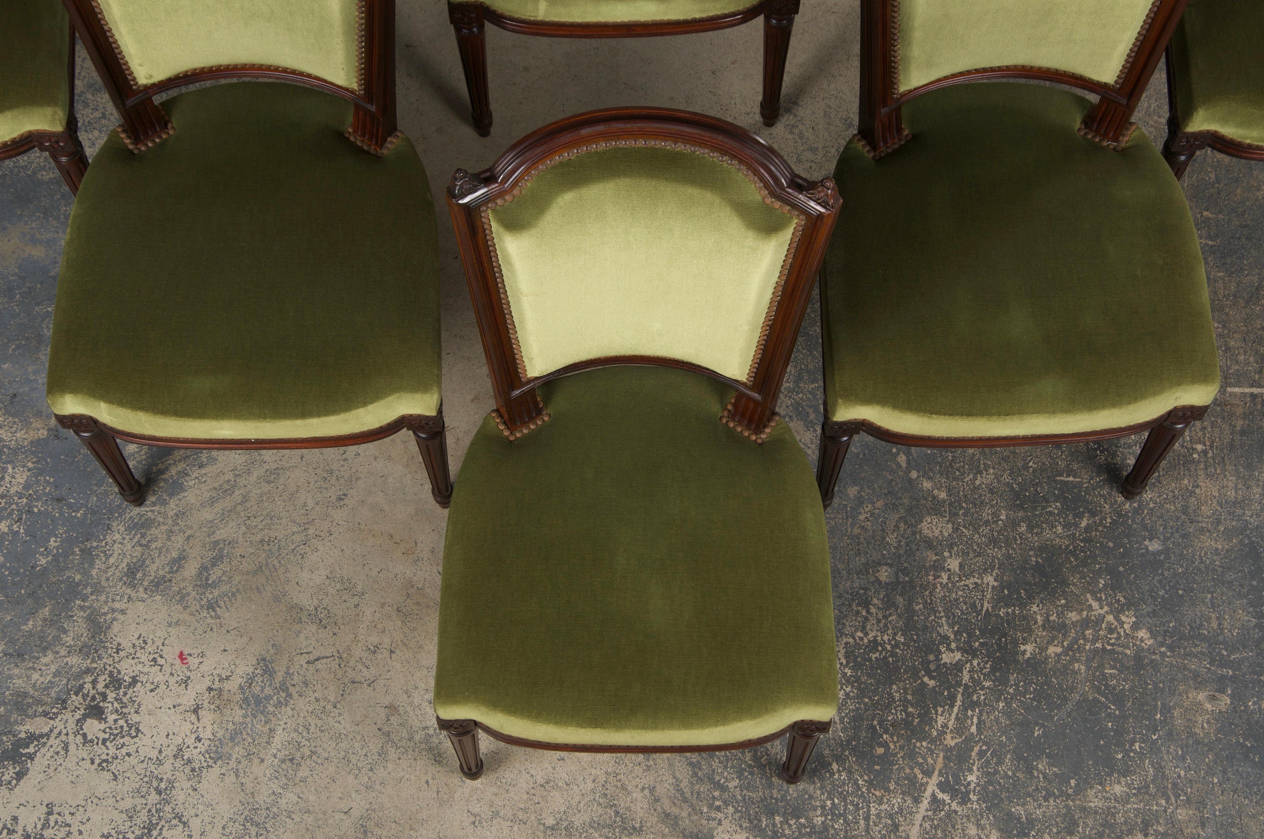 Sillas de Comedor Francesas de Arce Estilo Luis XVI con Mohair Verde - Set de 6 Tallado a mano en venta