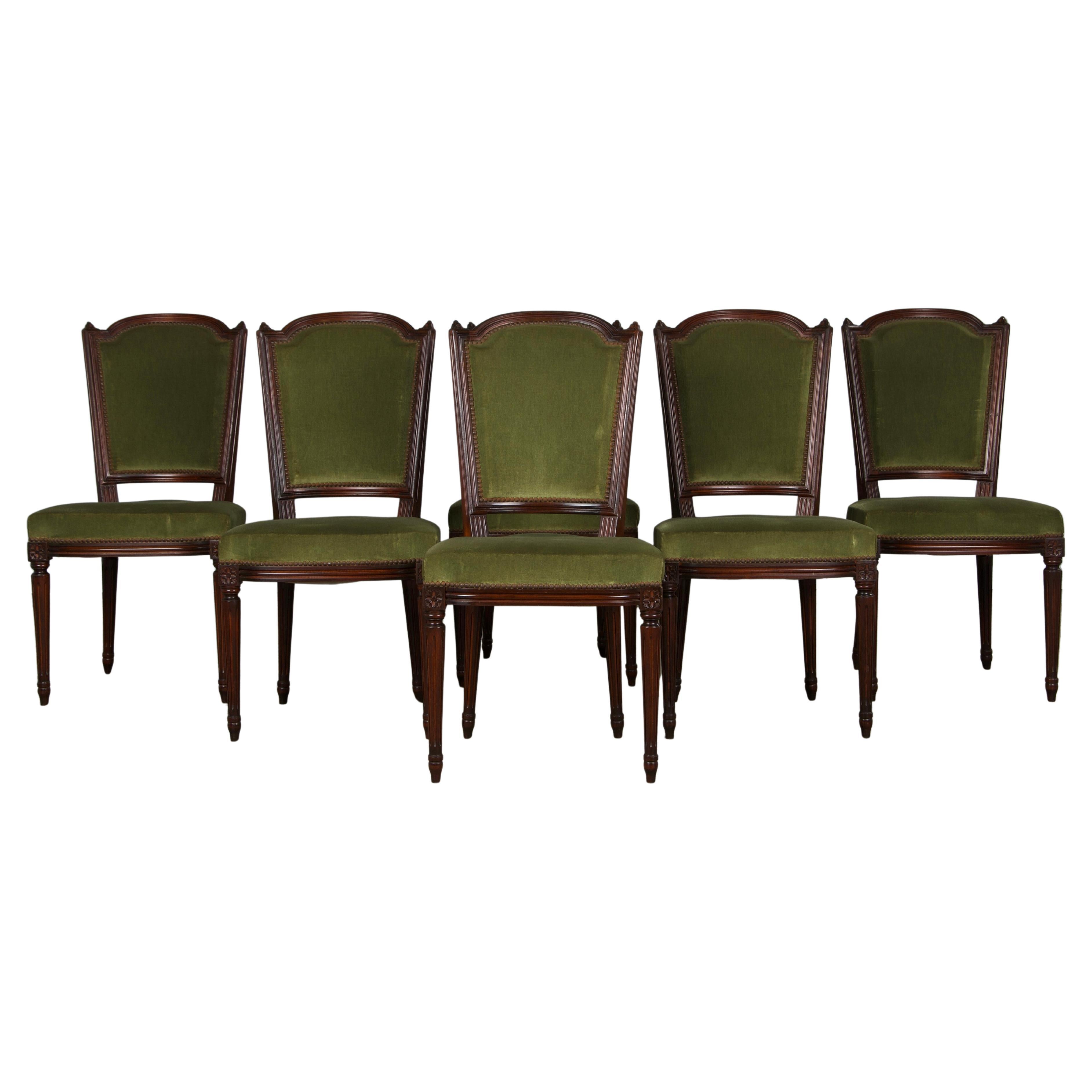 French Louis XVI Style Maple Dining Chairs W/ Green Mohair- Set of 6