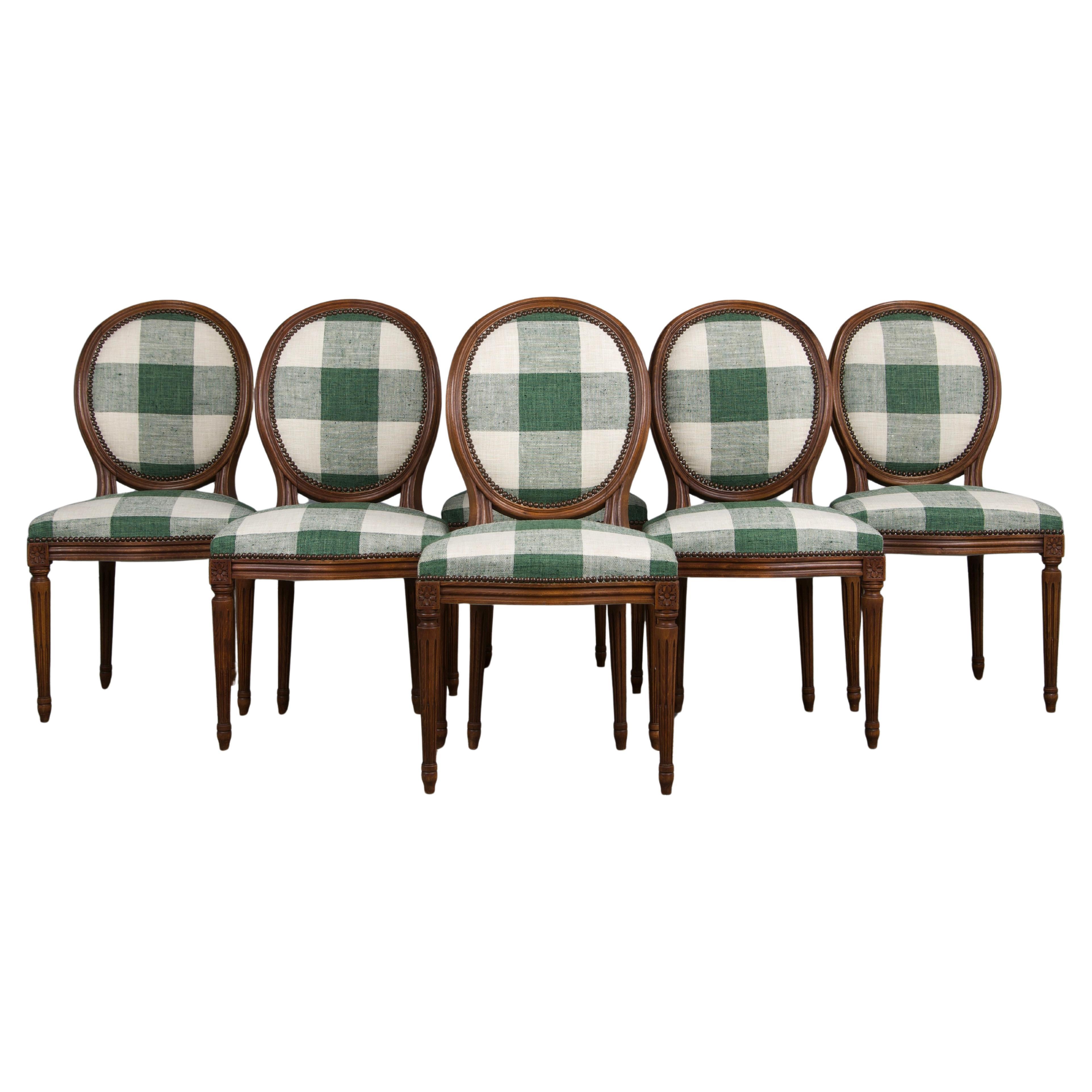 French Louis XVI Style Maple Dining Chairs W/ Green Plaid Fabric - Set of 6