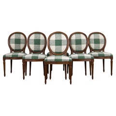 French Louis XVI Style Maple Dining Chairs W/ Green Plaid Fabric - Set of 6