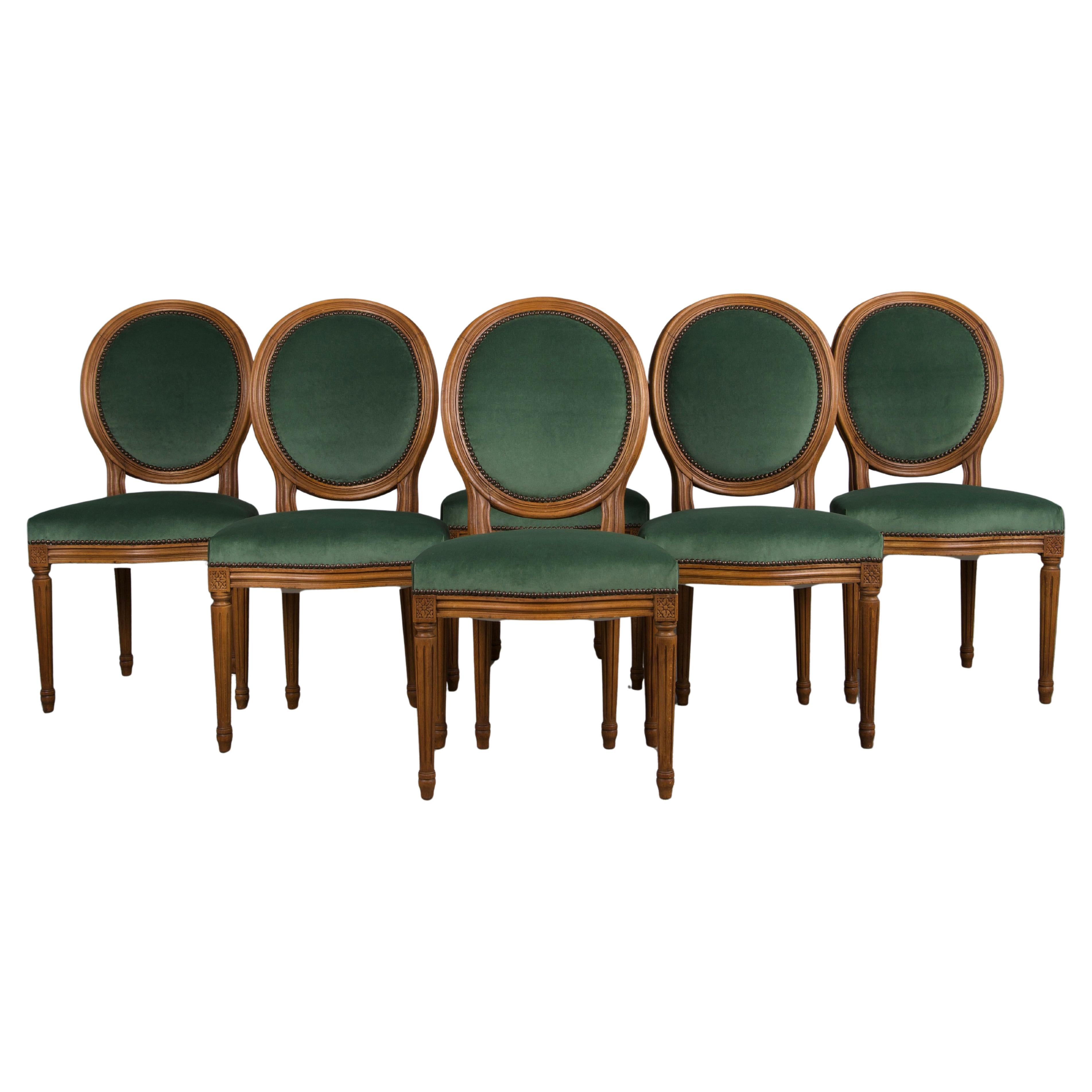 French Louis XVI Style Maple Dining Chairs W/ Green Velvet - Set of 6