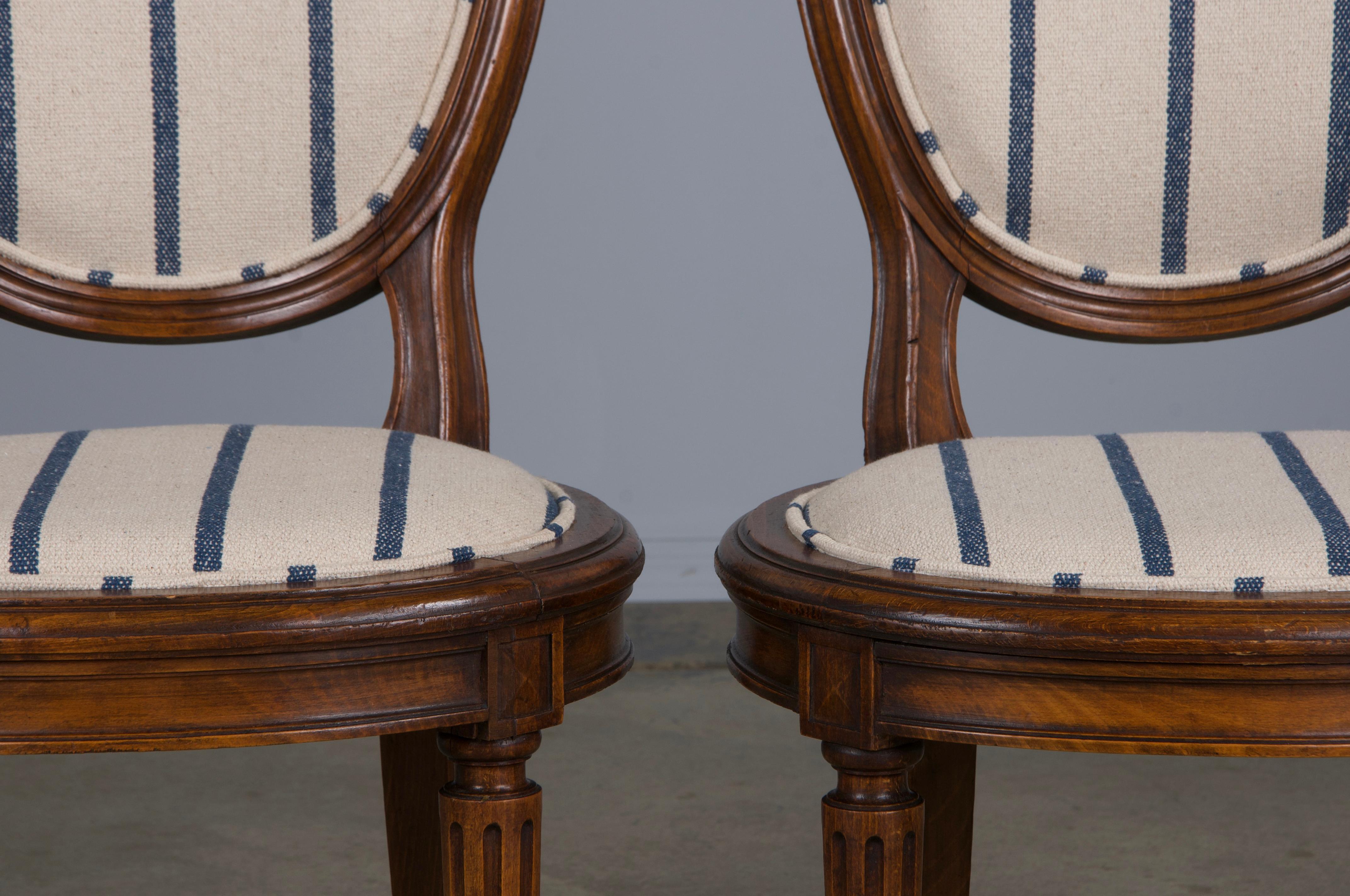 French Louis XVI Style Maple Dining Chairs W/ Striped Fabric - Set of 12 1