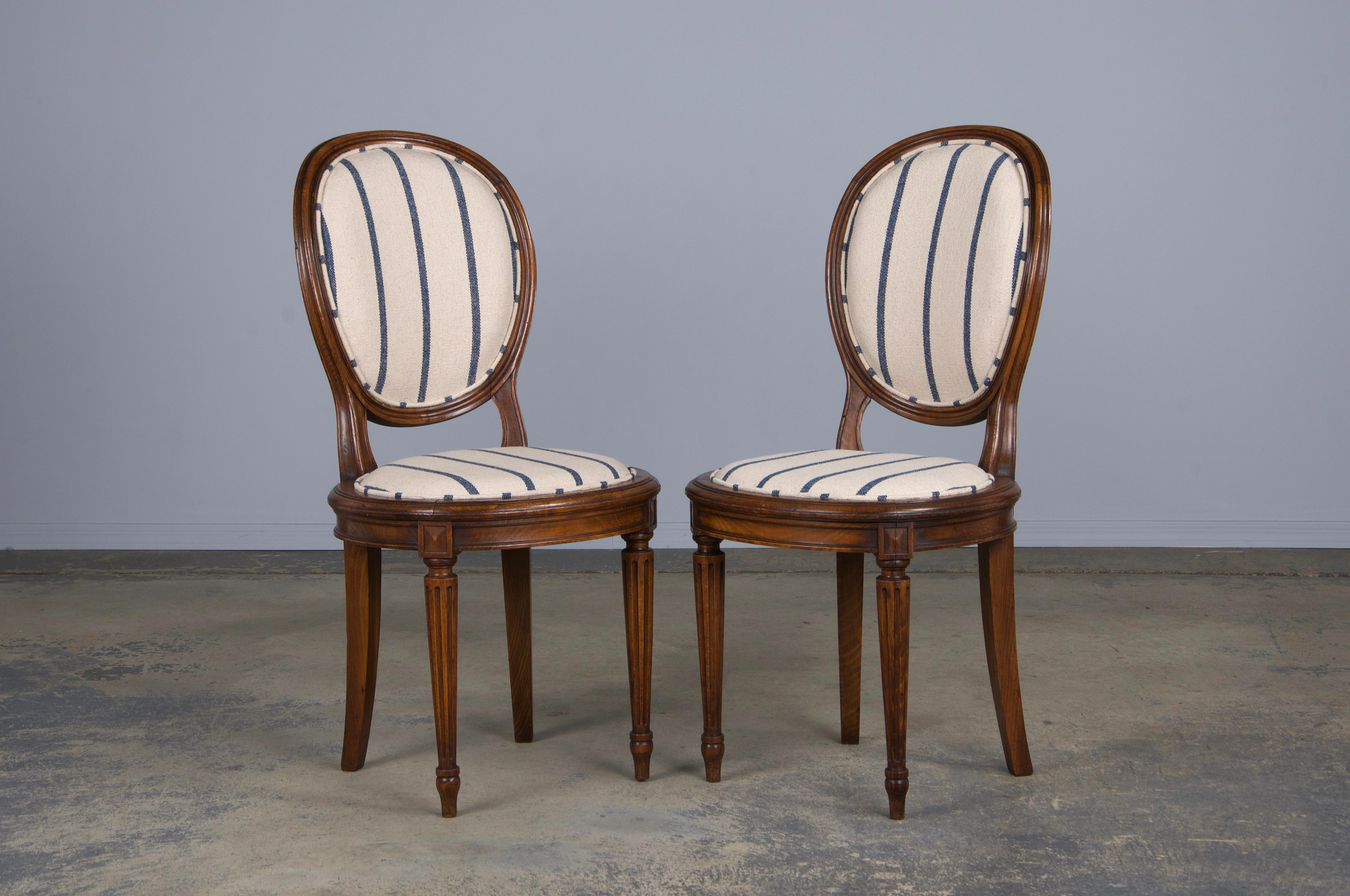 French Louis XVI Style Maple Dining Chairs W/ Striped Fabric - Set of 12 2