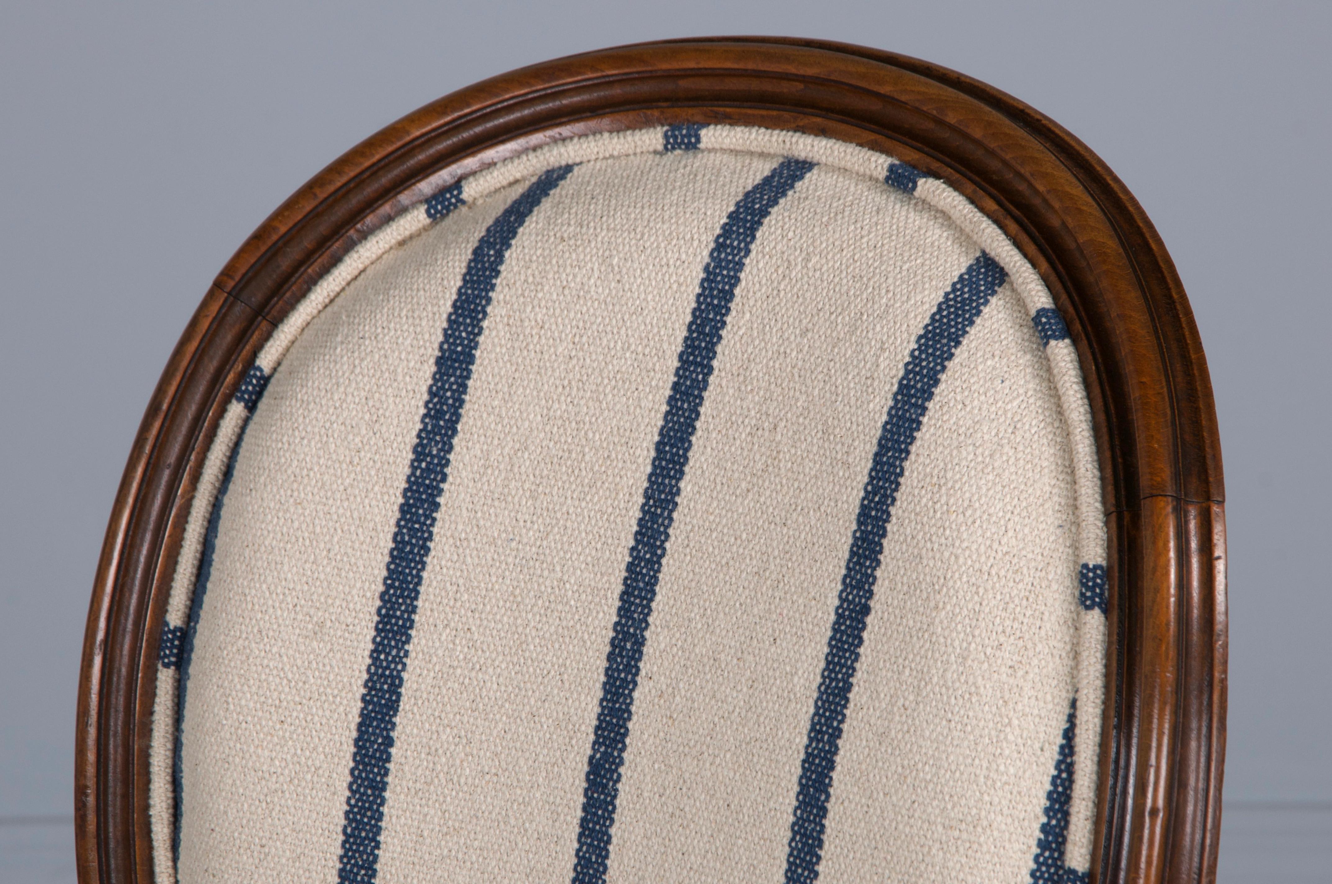 French Louis XVI Style Maple Dining Chairs W/ Striped Fabric - Set of 12 3