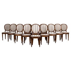 French Louis XVI Style Maple Dining Chairs W/ Striped Fabric - Set of 12