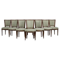 French Louis XVI Style Maple Dining Chairs W/ Striped Green Chenille - Set of 8