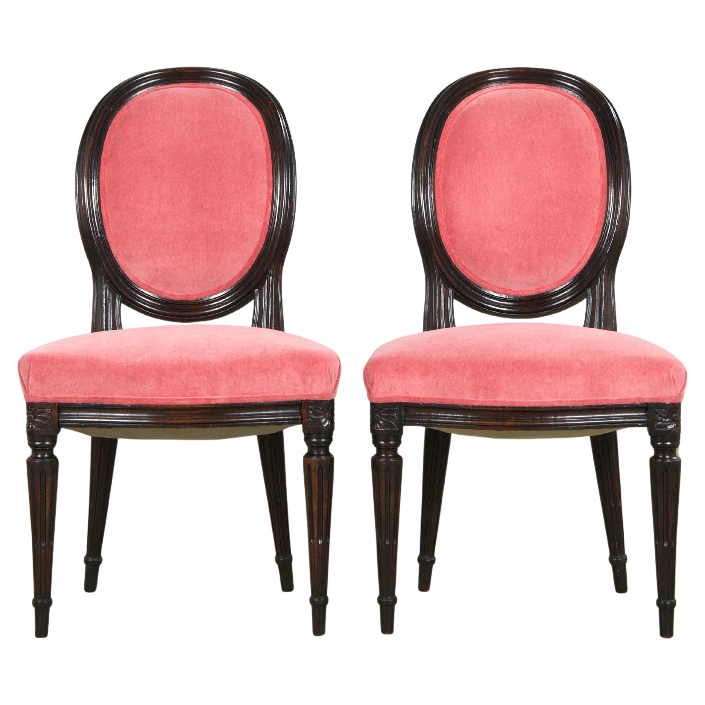 Antique French Louis XVI Style Maple Side Chairs in Pink Velvet - A Pair