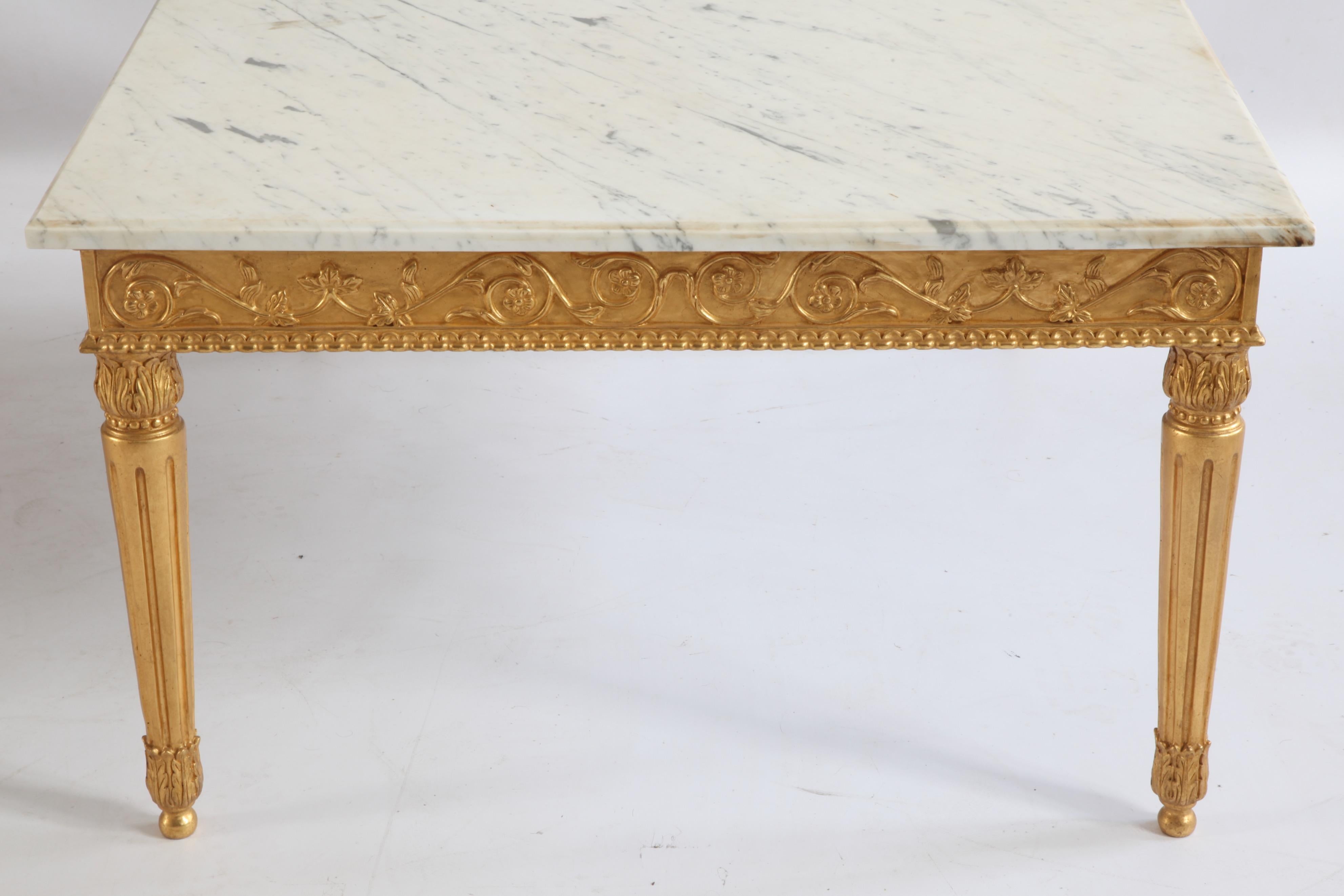 English French Louis XVI Style Marble and Gilt Rectangular Coffee Table, Hand Carved For Sale